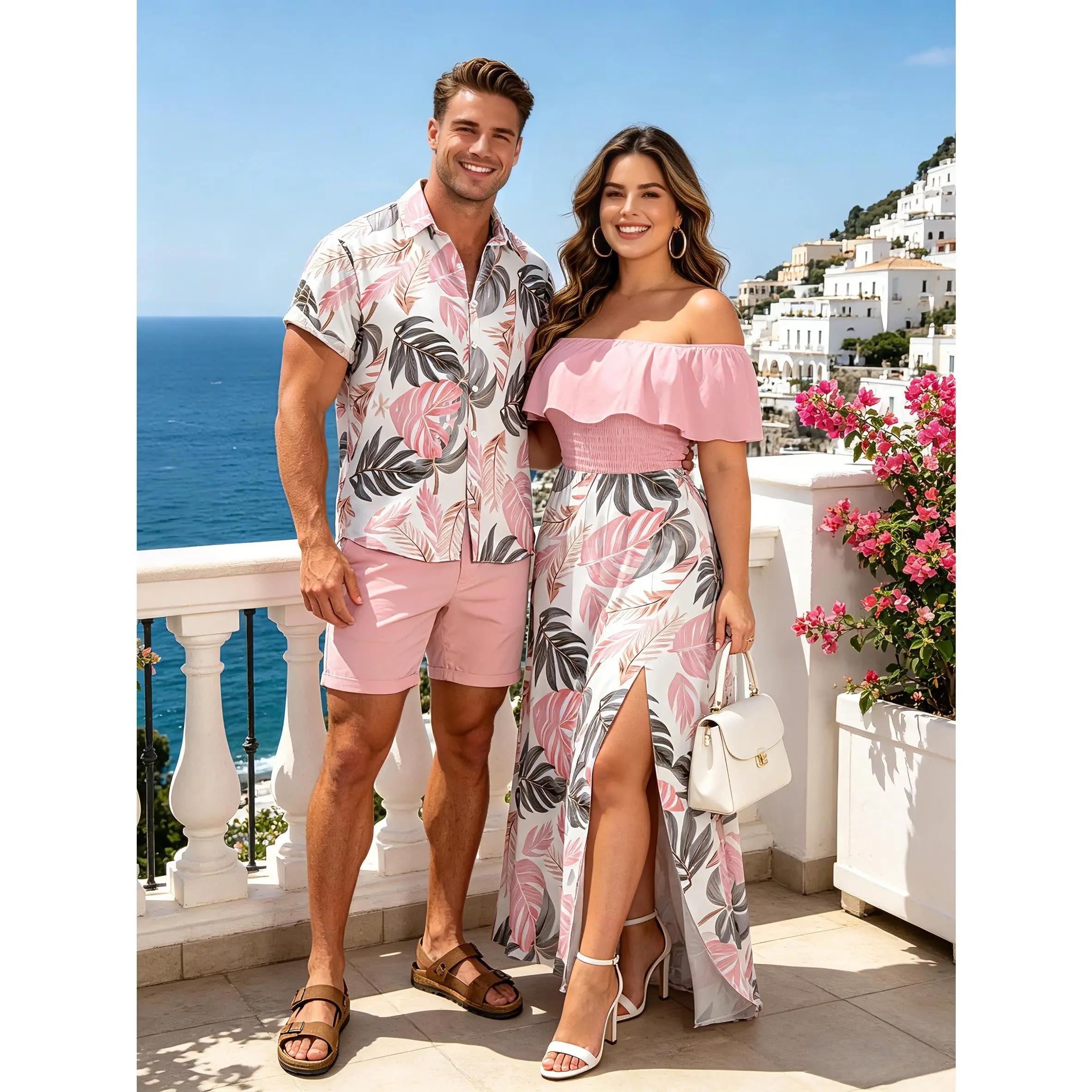 DRESSLILY 2026 Vacation Couple Outfit Tropical Monstera Leaf Print Flounce Off the Shoulder Smocked Slit Dress and Shirt Set