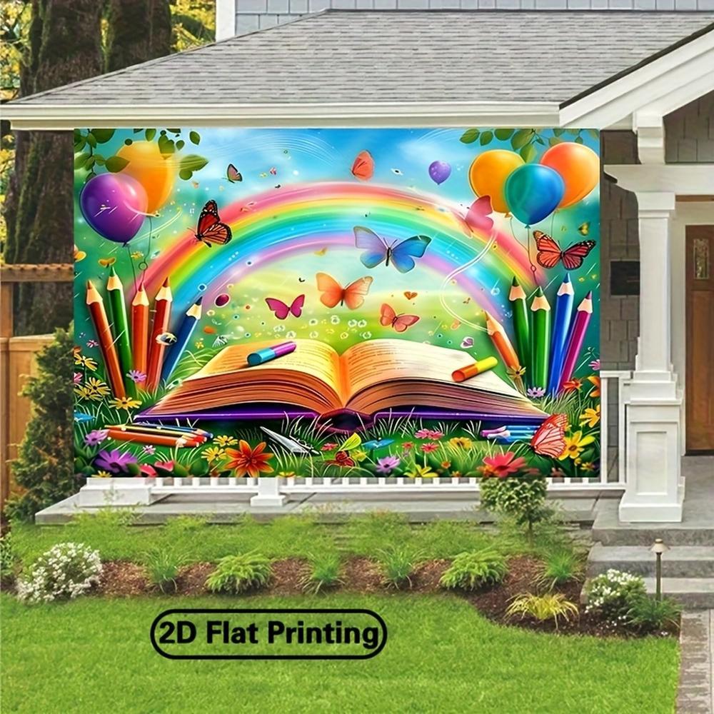 2D Flat Printing Back to School Rainbow Open Book Banner - Polyester Fabric Photography Backdrop & Party - Photographic Cloth, Outdoor and Indoor Party Banners, Background with Festive Elements fo