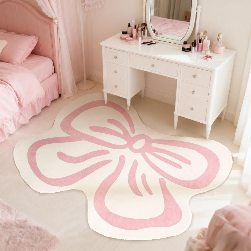 1pc Pink Bow Carpet Korean Style Living Room Carpet Irregular Shape Bedside Plush Carpet Fluffy and Soft Lounge Rug Kawaii Rug Modern Minimalist Bedroom Decoration Carpet Home Thickened Anti-slip Entrance Door Mat