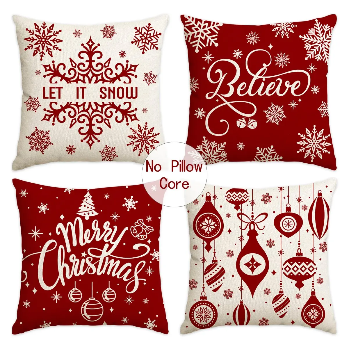 4pcs Christmas pillowcase, 'Believe' snowflake, 'LET IT SNOW' snowflake, Multiple patterns, single-sided printed cushion cover, 18x18 inches, home & Christmas decoration (without pillow core) Seasonal Decor
