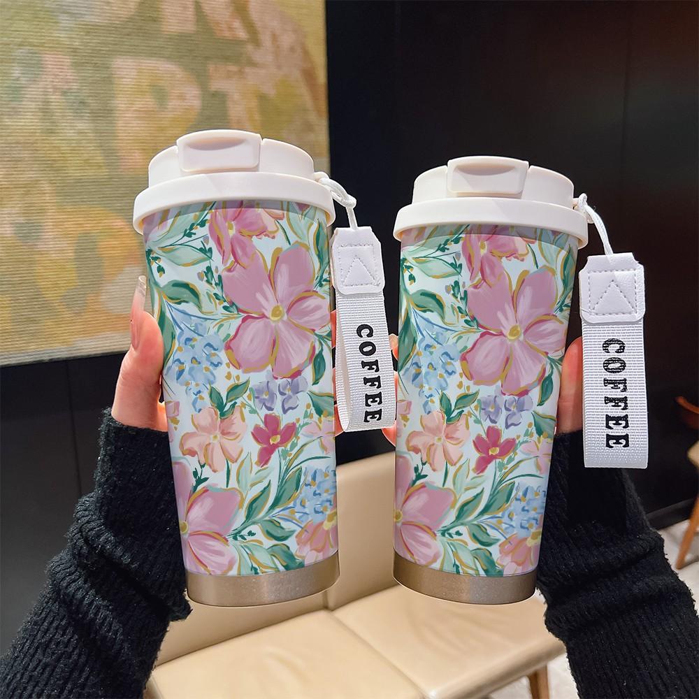 Abstract Hand-Painted Lotus Coffee Cup, Portable Dual Drink Insulated Tumbler, Keeps Hot/cold, Boho Style, Ideal for Office, Travel, Sports