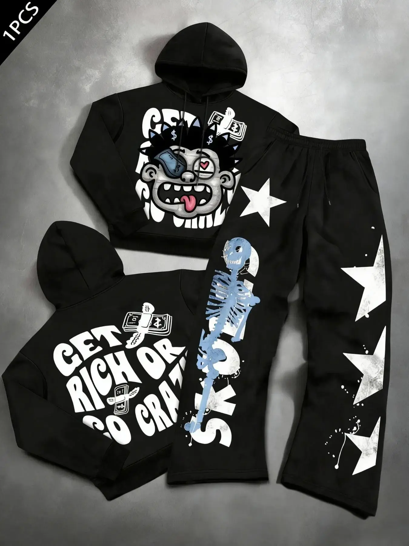 Men's Cartoon Skull Two-Piece Set, Hooded Sweatshirt + Wide-Leg Pants, 'get Rich or Go Crazy' Letter Print, Y2K Hip-Hop Streetwear