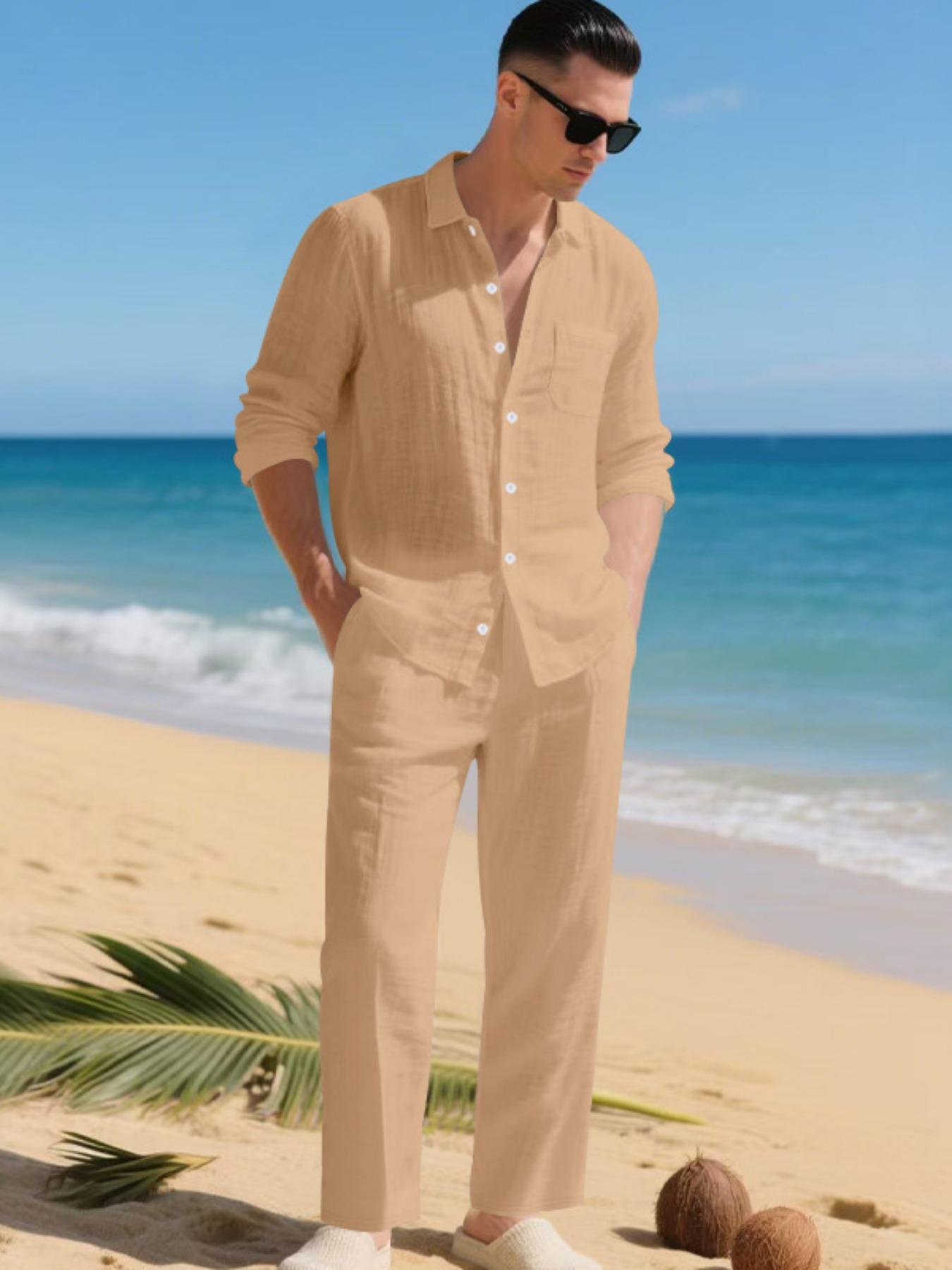 Men's Summer Linen Shirt & Pants Set, Casual Long Sleeve Beachwear, Comfortable Fashion Clothing for Vacation