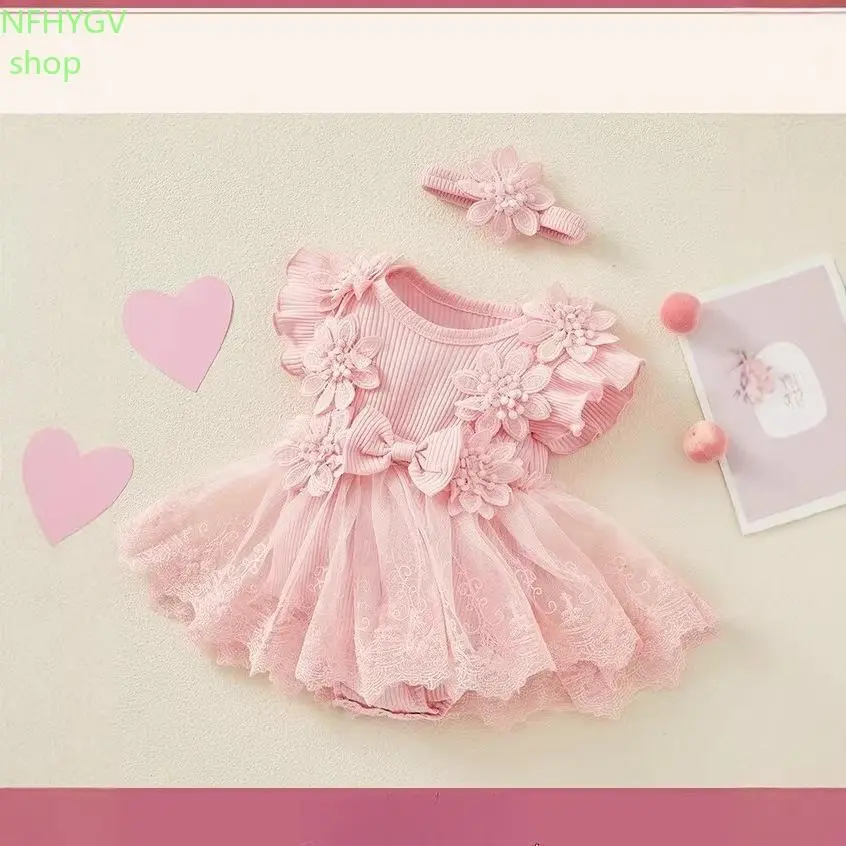 Baby Girl Floral Lace Romper Dress With Matching Headband, Ruffle Sleeve 3D Flower Bow Tutu Outfit For Newborn Infant, Baby Shower, Birthday Party And Photoshoot