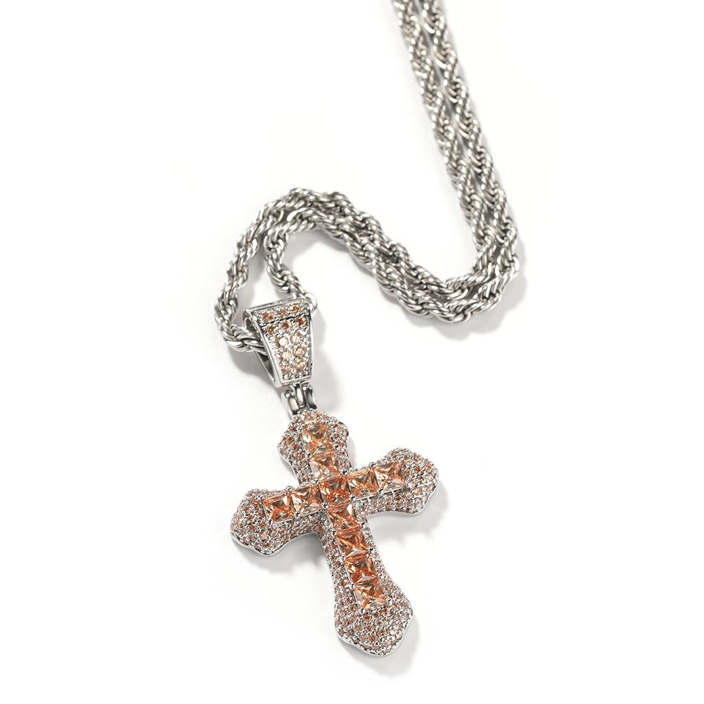 Hip-hop new blue zirconium cross necklace for men, fashionable and versatile heavy-punk sweater chain accessory