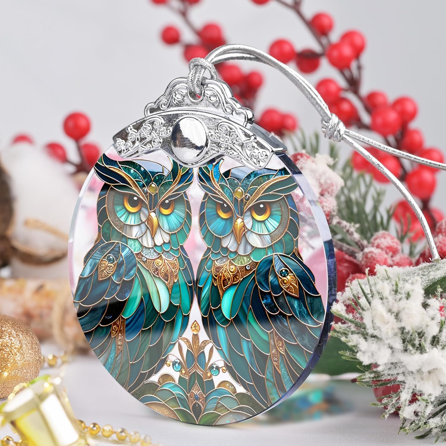 Stained Glass Owl Christmas Ornament - Two Owls, Holiday Decoration for Tree,  Idea