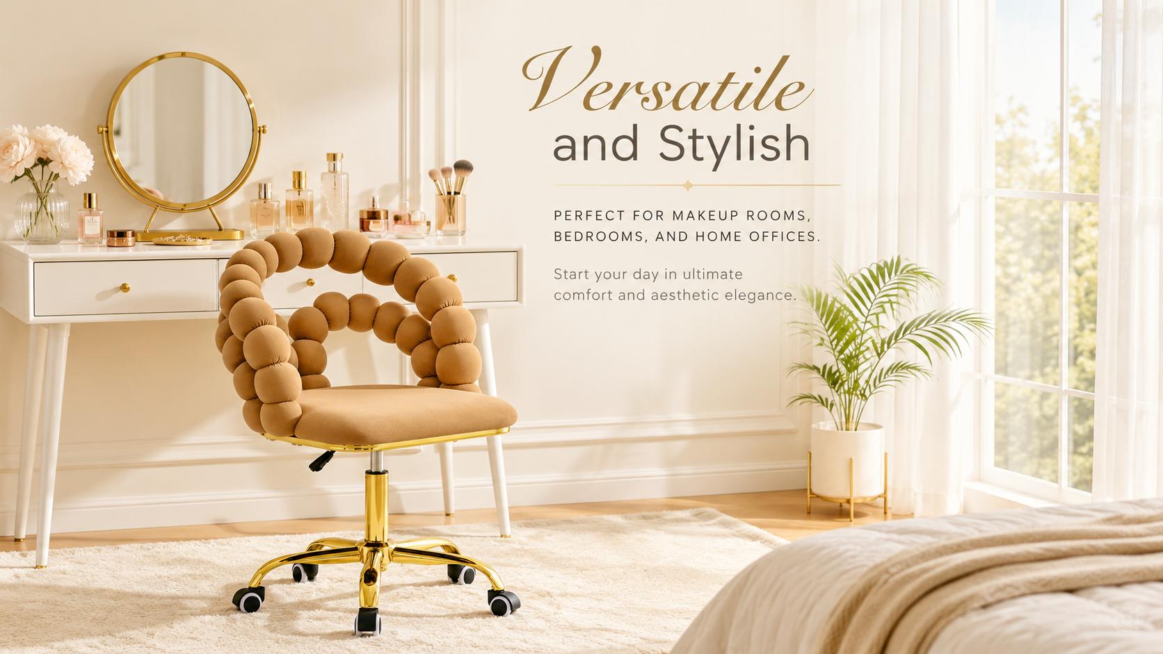 Velvet Bubble Back Criss Cross Swivel Chair with Wheels - Adjustable Ergonomic Chair, Gold Base, Gold Accent Glam for Makeup Room, Bedroom Vanity Desk