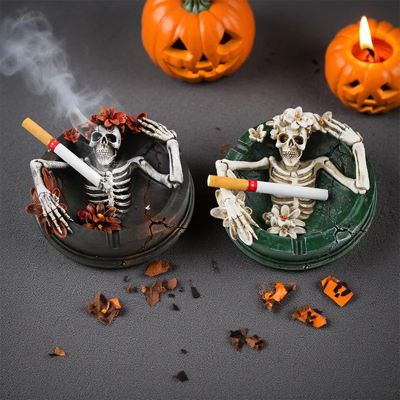 Skull Flower Ashtray, Gothic Decorative Tabletop Tray, Living Room Ornaments, Skeleton Design Ash Tray for Home, Office, Living Room, Bar and Halloween Seasonal Decor