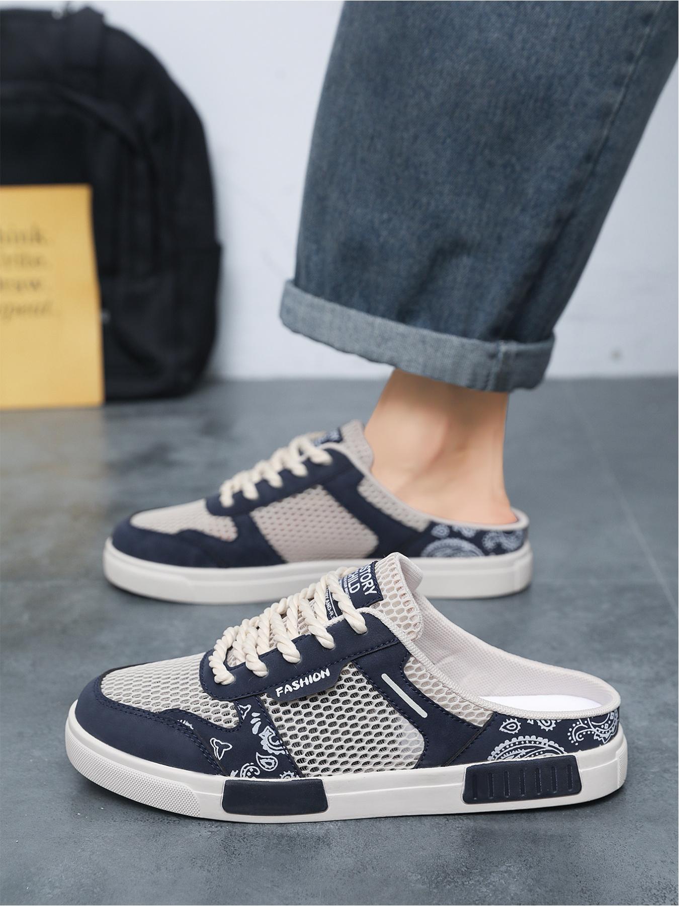 1 Pair Men's Large Size Mesh Half-Slip Board Shoes, Breathable Mesh + Anti-Collision Toe Cap, Rubber Anti-Slip Outsole, Heelless Lazy Shoes, Summer Outdoor Slippers