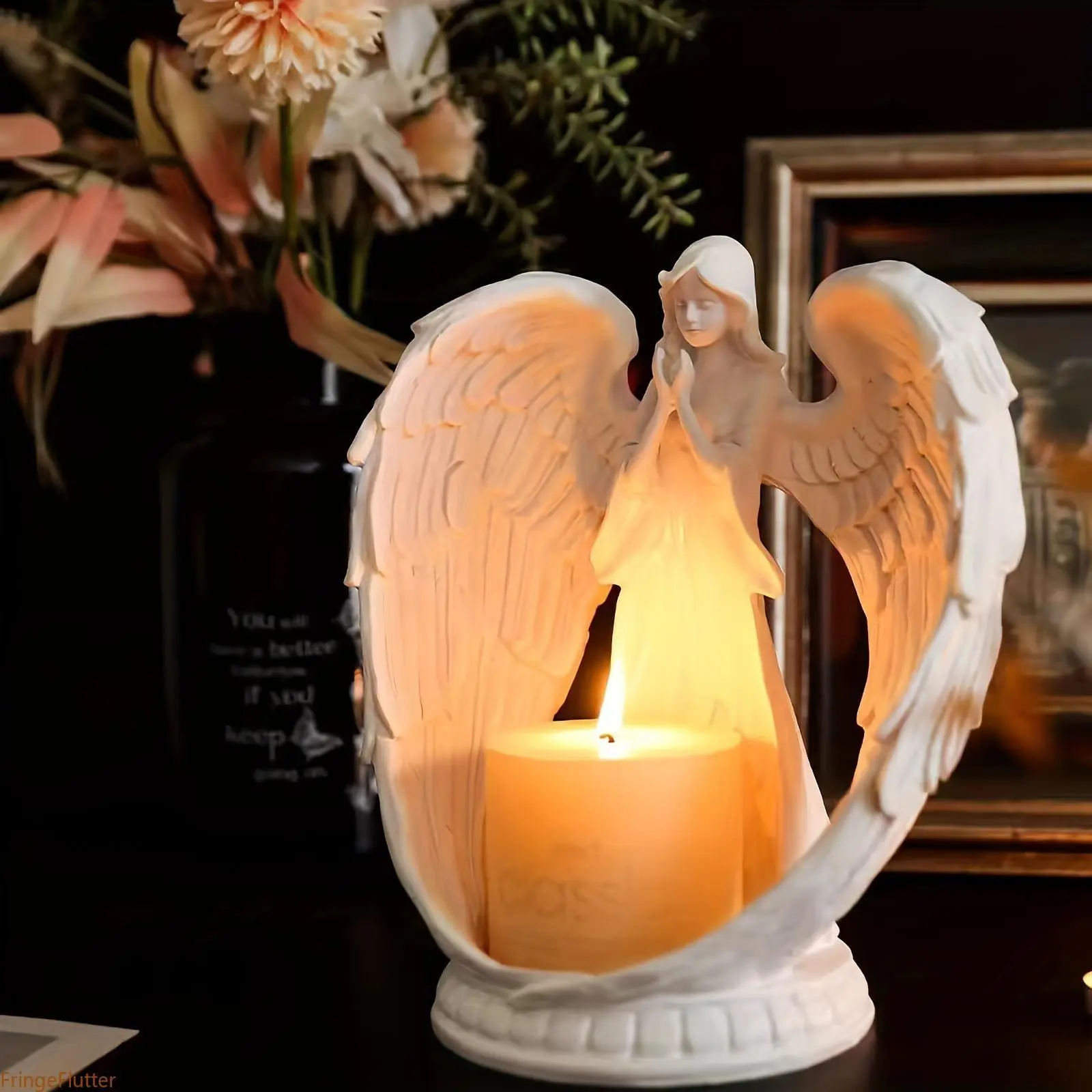 Vintage Female Angel Candlestick Ornament, Resin Angel Statue Tabletop Decor, Romantic Candle Holder for Candlelit Dinner, Home Decor Housewarming Gift