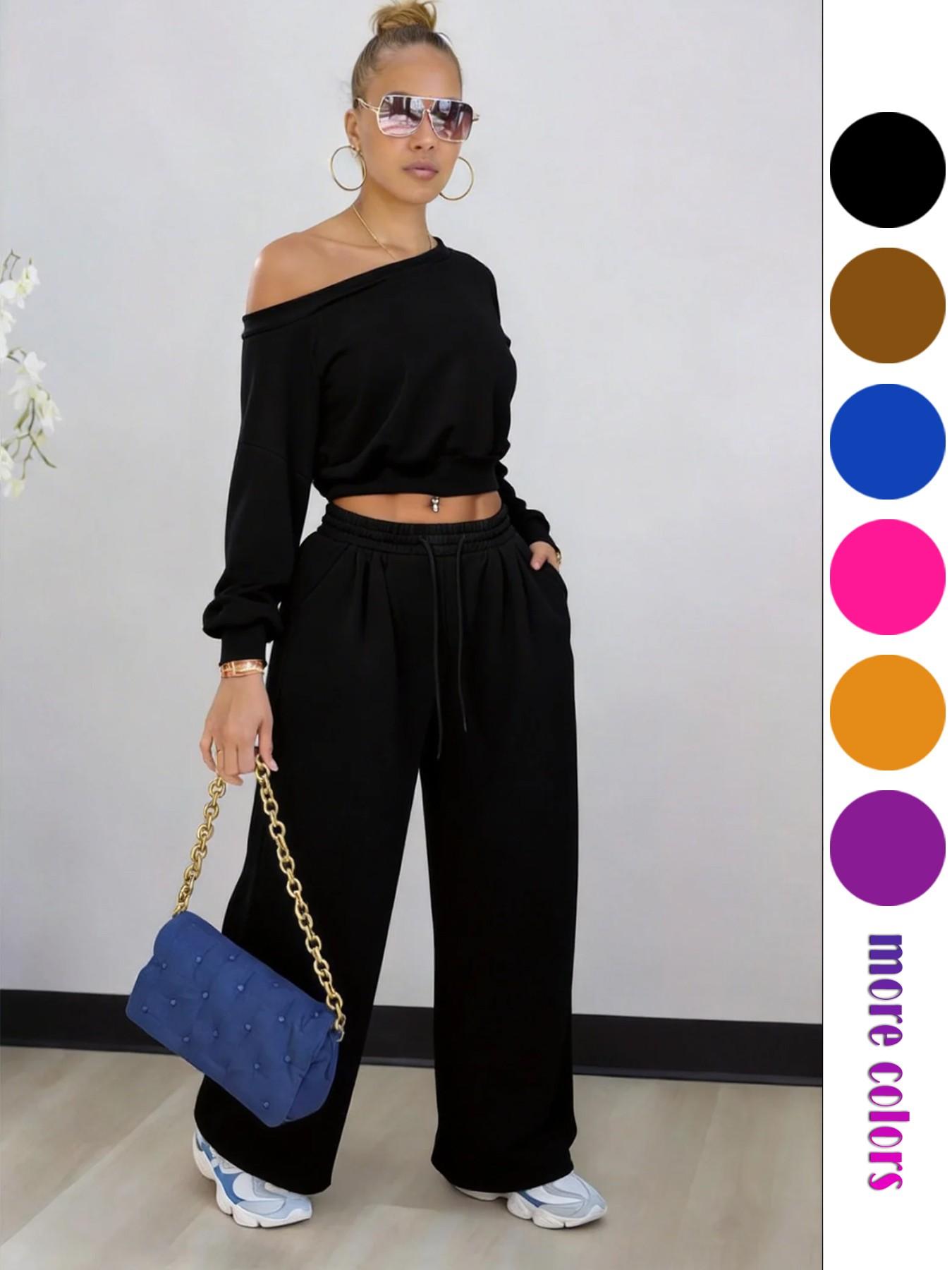 2026Women's Casual Two-Piece Set, Plain Loose Fit Design, Long Sleeves & Pockets, Perfect for All Occasions, Y2K Style