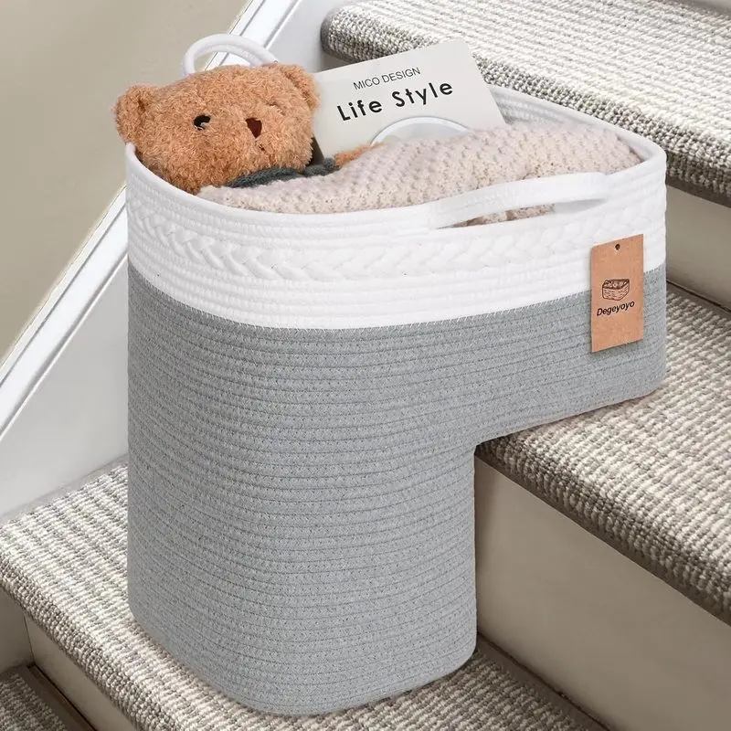 Foldable Cotton Rope Stair Step Basket with Foldable Handles, 15"x10"x15" Fog Grey Step Storage Organizer for Wooden & Carpeted Stairs