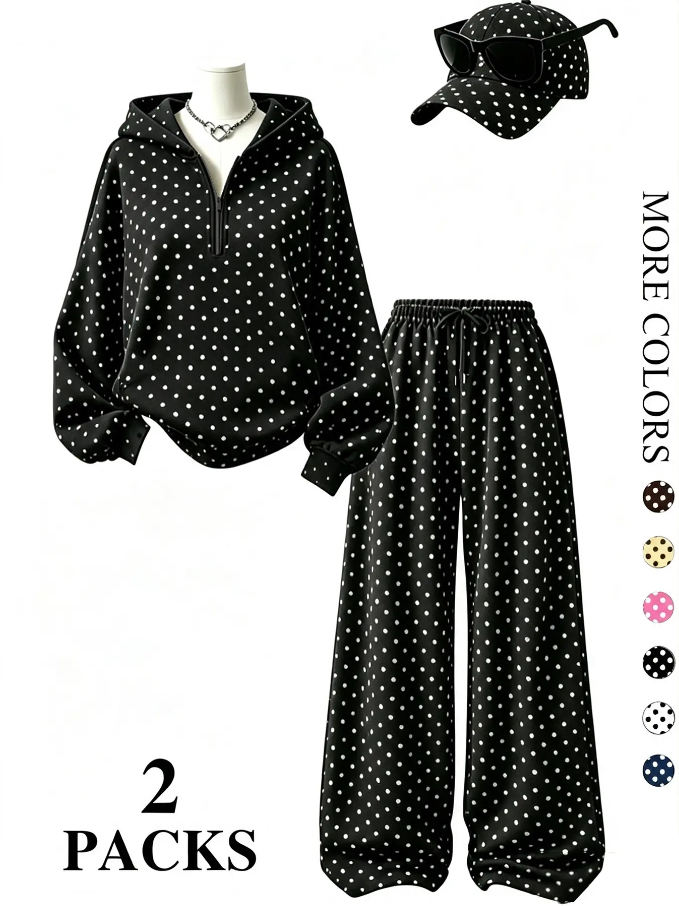 Women's Y2K Polka Dot Fleece Two-Piece Set, Vintage Loose Fit Hoodie, Warm Drawstring Pants, Fall Winter Outfit