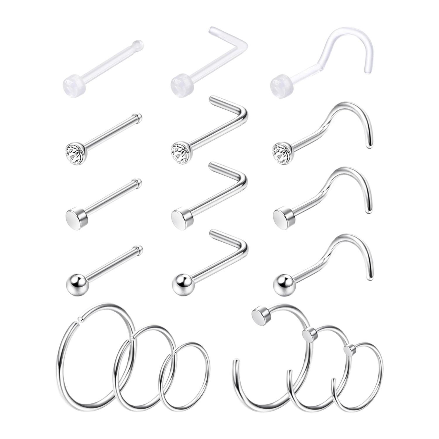 18 Pcs Hypoallergenic G23 Titanium Nose Ring Studs for Sensitive Skin 20G Nose Ring Hoops Nose Studs for Women Men 2mm Small Titanium Nose Piercing Jewelry