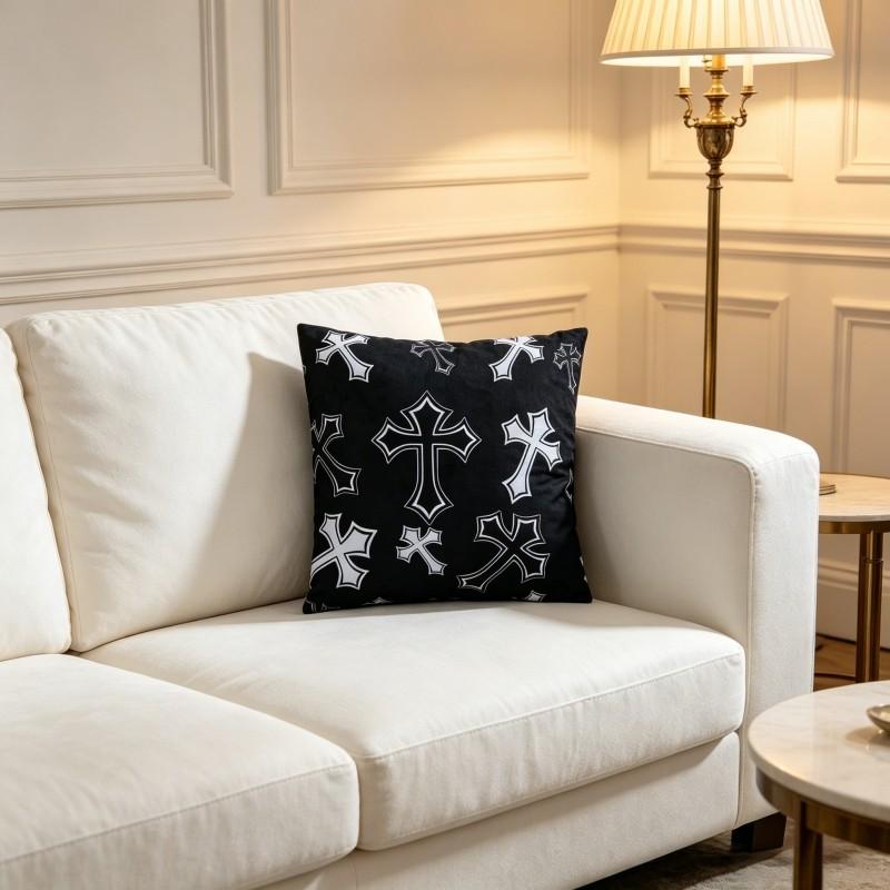 Vintage Gothic White Cross Black Throw Pillow Cover, Soft Plush, Material 18"×18" Single Sided Printed Cushion Cover with Hidden Zipper, Emo Punk Room Decor Gift. (No Filler Included)#GothicHomeDecor #PunkDecor #CrossPillow #ThrowPillowCover