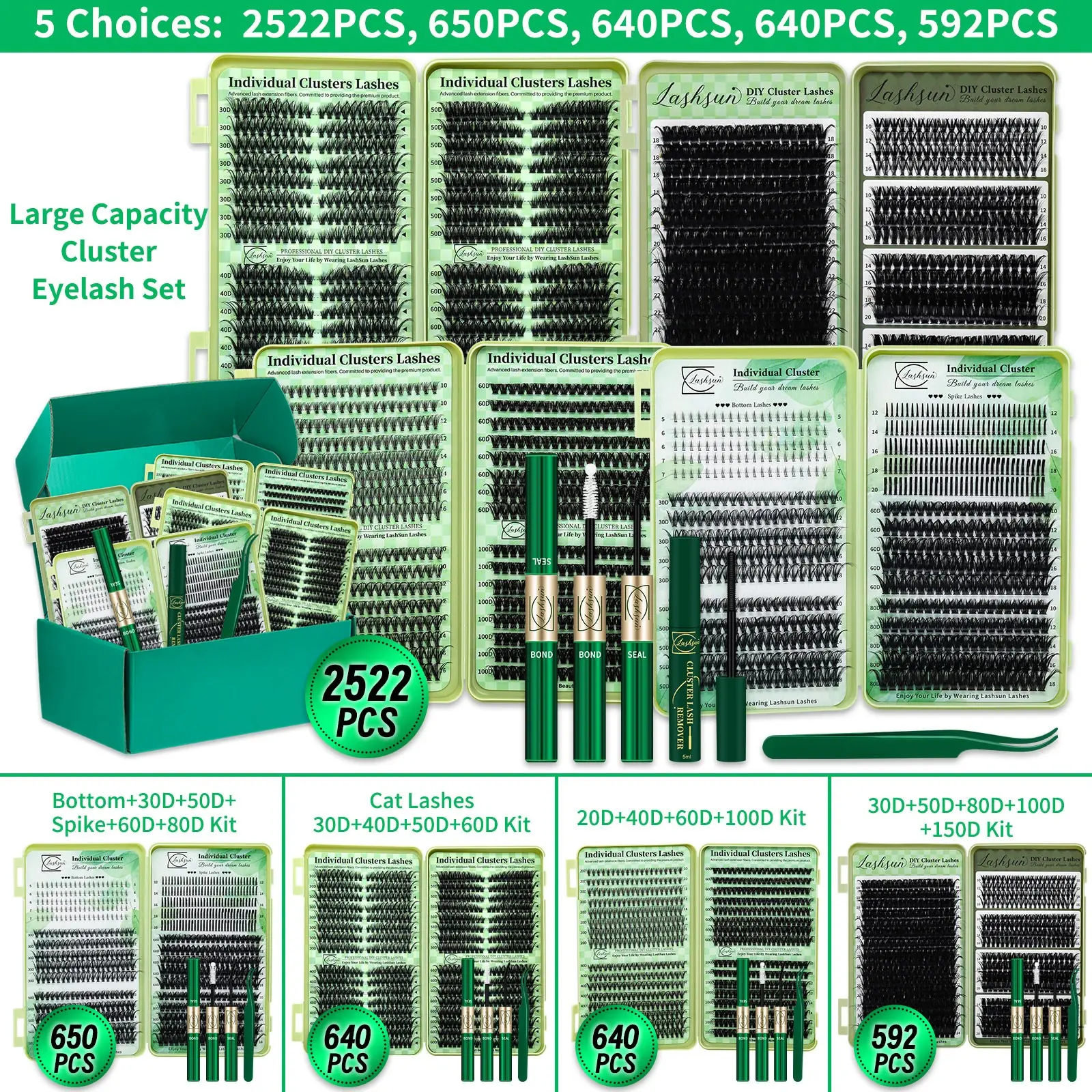 2522/650/640 Pcs Lash Clusters Kit, Eyelash Extensions Set, D Curl Mixed Length 14 Styles Spike/Wispy/Volume Lashes, Kit with Bond&Seal Tweezers, Beginner Friendly Lashes, For Beginners, DIY at Home Easily, Easy Apply for Makeup Daily