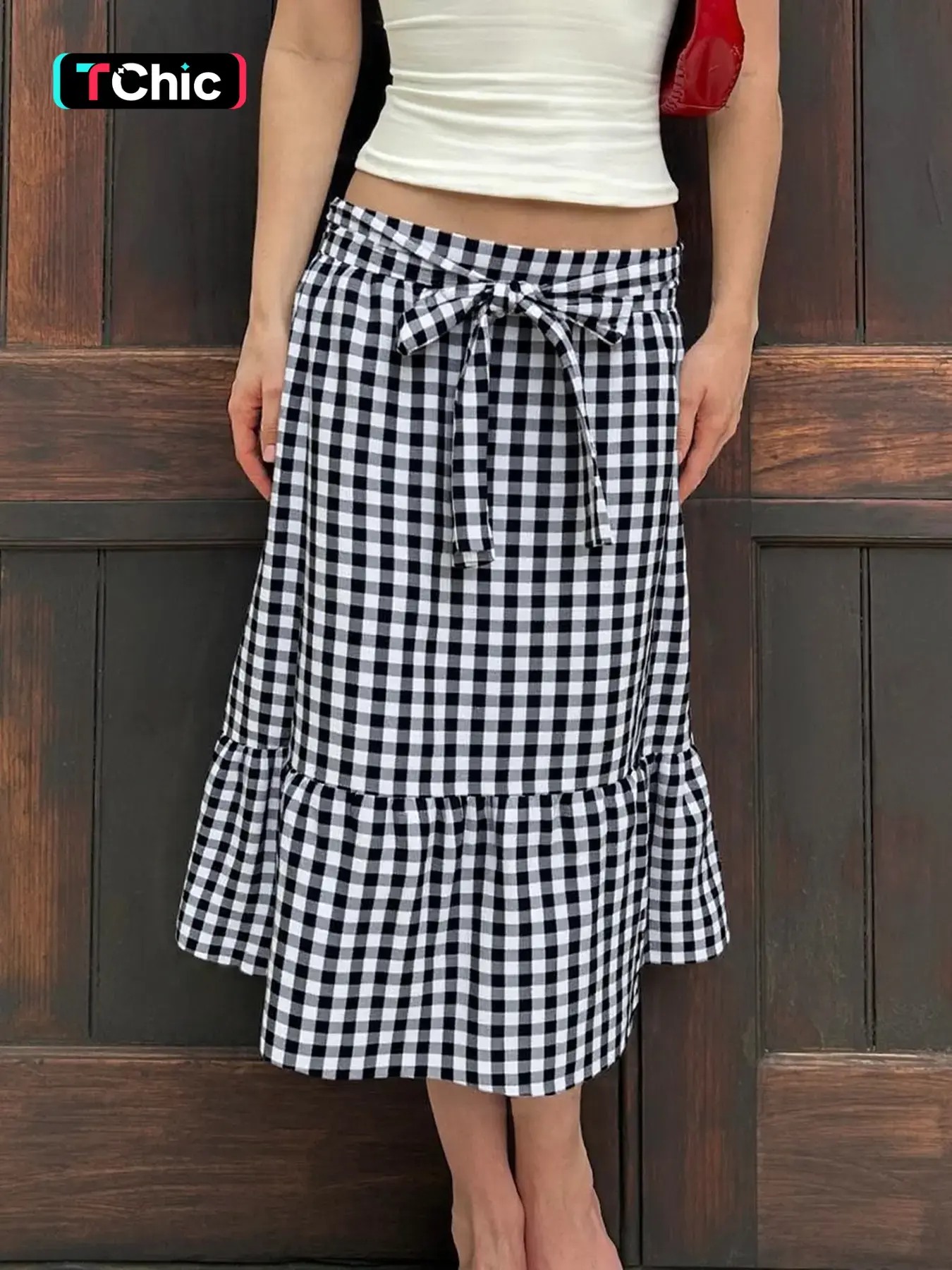 Academic Style Plaid Print Colorblock Loose A-Line Bow Tie Midi Skirt, Women's Pleated Casual Preppy Skirt, Original Hostess Wind