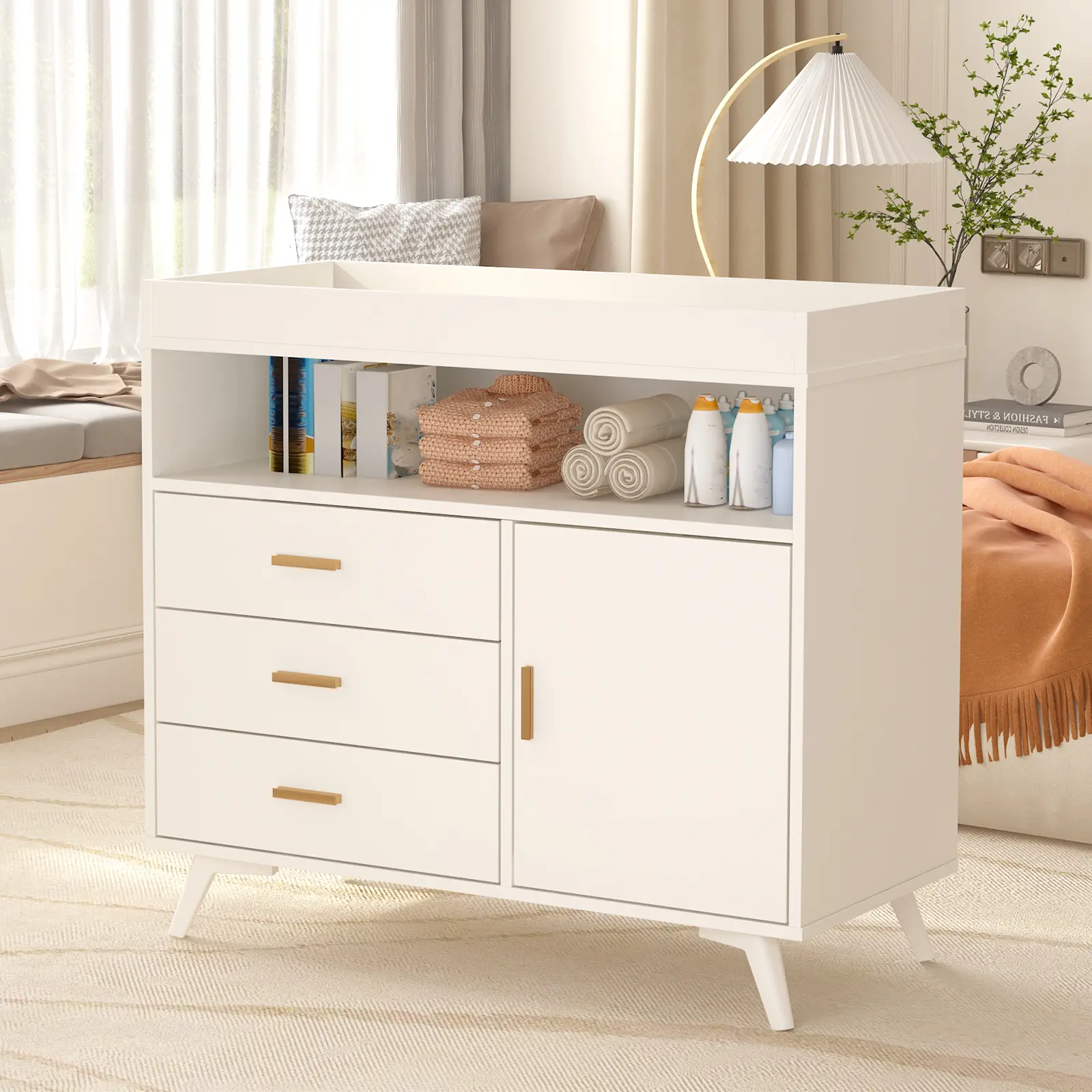 Spacious Wooden Baby Changing Table Dresser - 3 Drawers & Open Shelves - Removable Top - Infant Nursery Diaper Changing Station