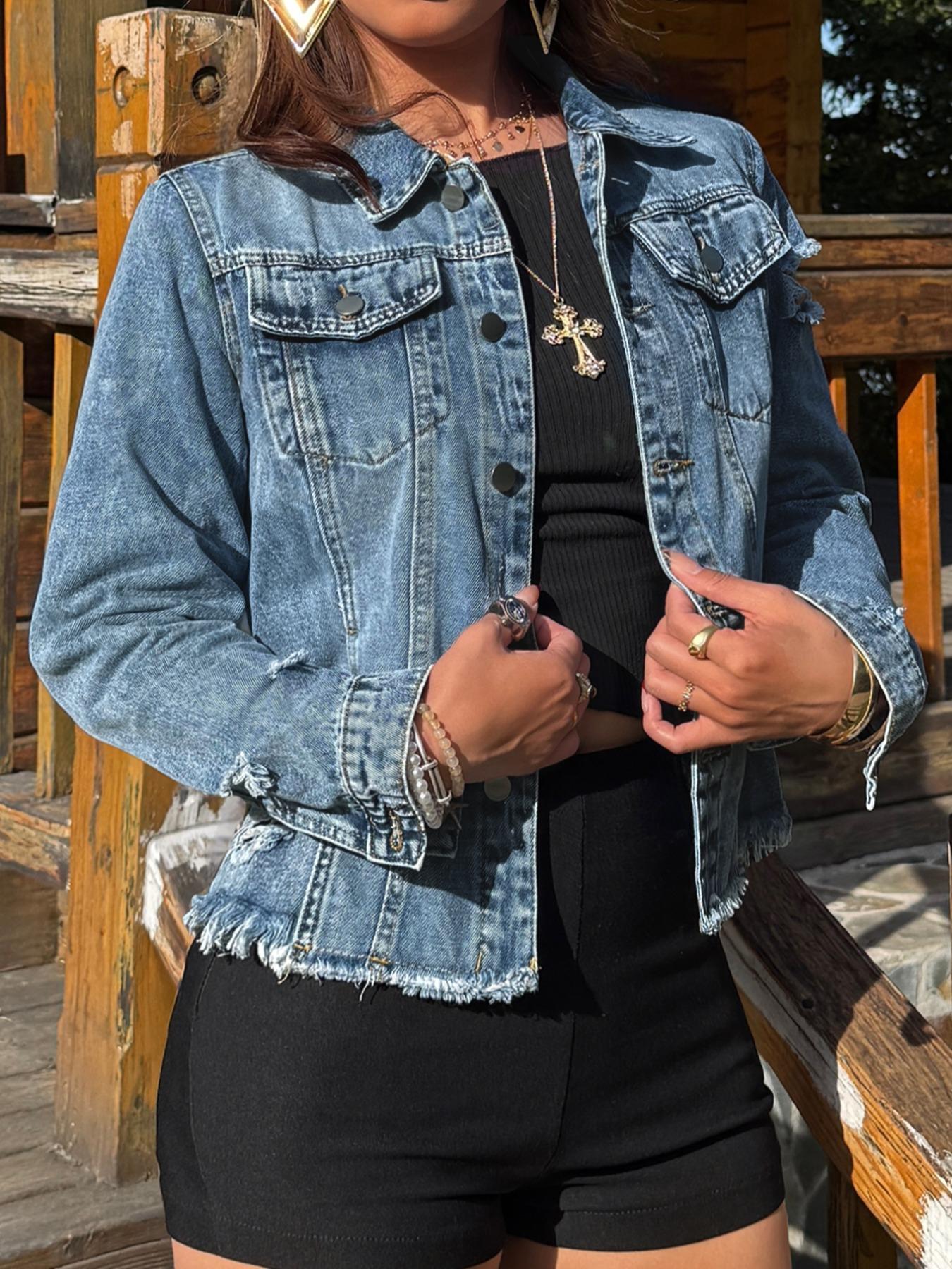 Plus Size Solid Ripped Button Front Collared Denim Jacket, Coats, Casual Long Sleeve Pocket Outerwear for Summer, Women's Clothes, Womenswear for Daily Wear