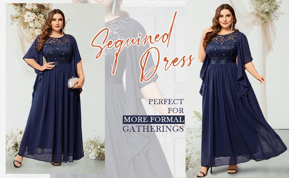 Miusol P83099 Plus Size Women's Sequin Floral Lace Chiffon Flare Sleeve Formal Dress Elegant Evening Gown All Seasons Party dress,Evening dress Normal Type  Womenswear Maxi Dress SpringStatements