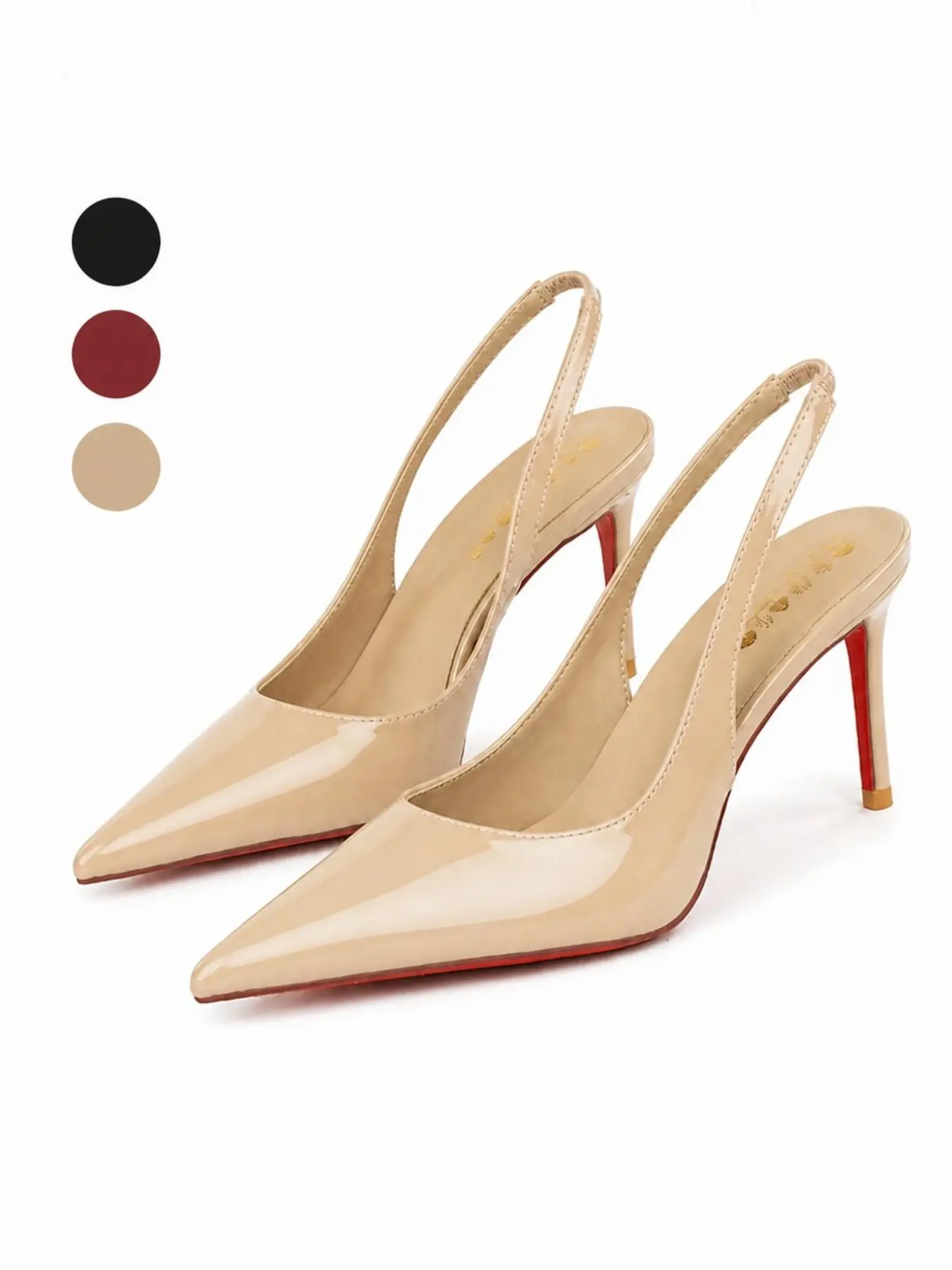 Women's Glossy Patent Leather Pointed-Toe Elastic Slingback Stiletto Heels, Flexible and Comfortable Without Pinching Feet, Signature Red Anti-Slip Outsole, Simple and Sexy Women's Heeled Pumps