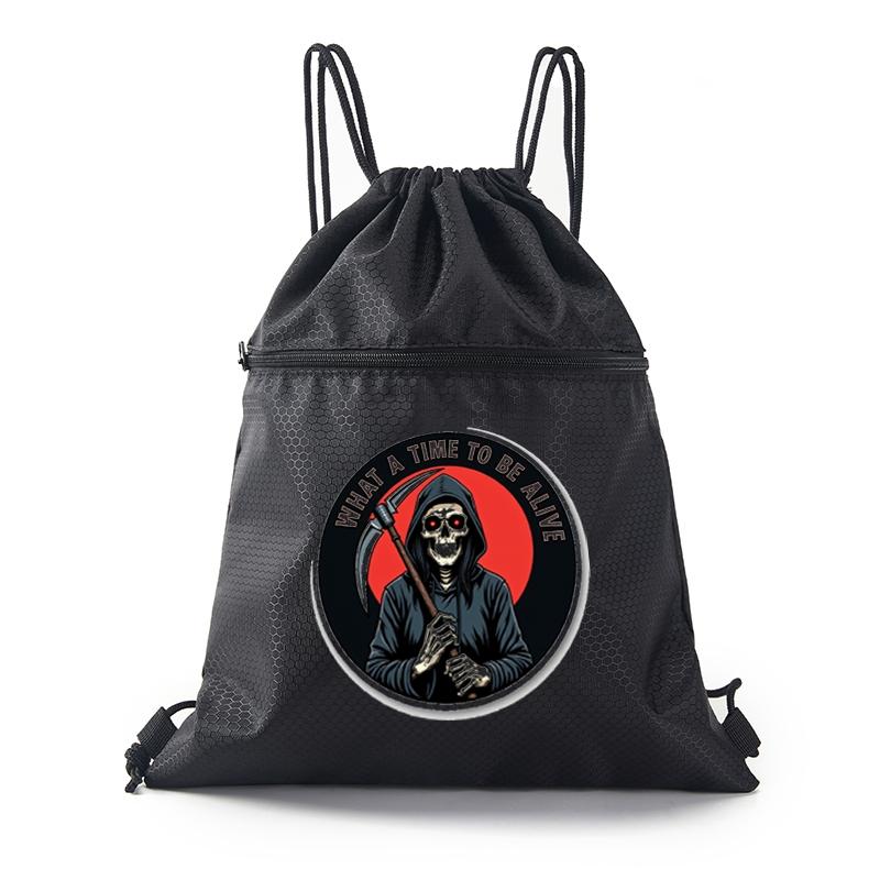Grim Reaper Printed Drawstring Backpack Durable Gym Bag with Zipper Pocket for Outdoor Sports Travel School Use Trendy Casual Style Perfect Halloween Birthday Christmas Gift for Teen and Young Adults