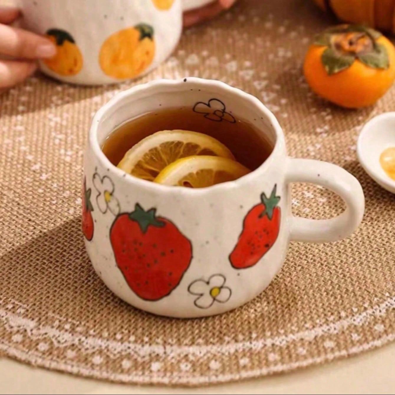 Hand-Drawn Fruit Pattern Ceramic Coffee Mug, Perfect Gift for Home Office Activities Christmas Birthdays, Unique Artistic Design, Ceramic Mugs