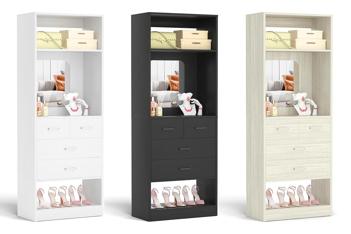Cyclysio 75” Closet System with Shoe Rack and Hanging Rods, Modern Walk-in Closet Organization Wardrobe with Wooden Drawers and Mirror and Shelves