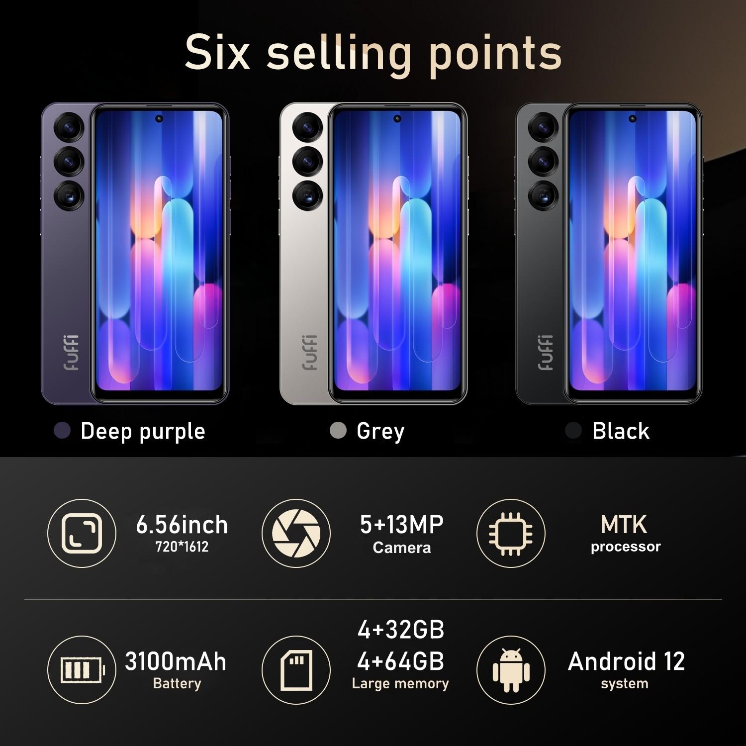 Fuffi Smartphone Android Mobile Phones Global 4g Network Dual Sim 6.56 Inch HD Screen 4GB RAM 32GB ROM 5mp+13mp Camera 3100mah Battery Quad Core Android