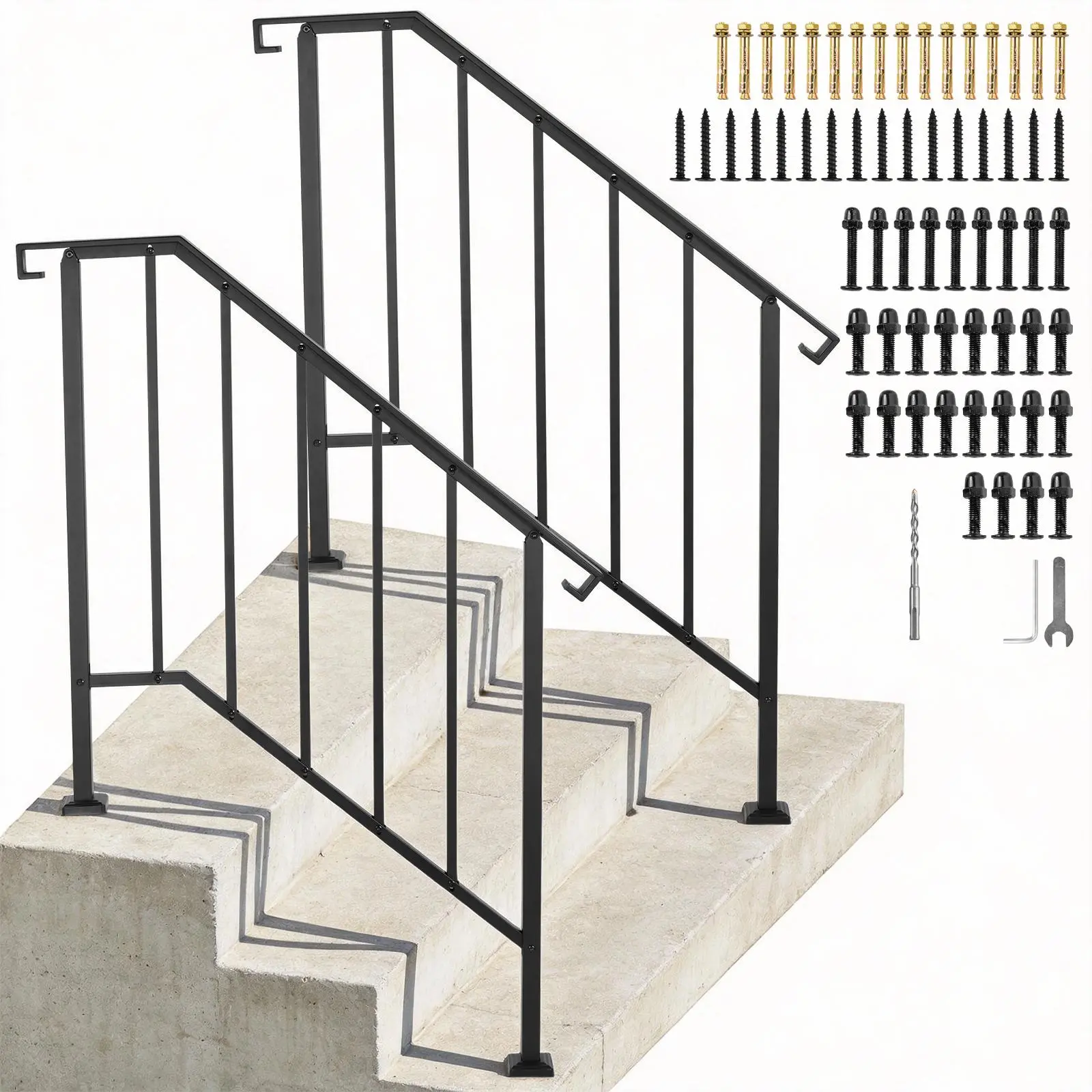 Carbon Steel Curved-End Stair Railing with Safety Balusters, Bolts, 3-4 Step Fit, Exterior Concrete Step Support, Sturdy Home Improvement Fixture That Supports Seniors