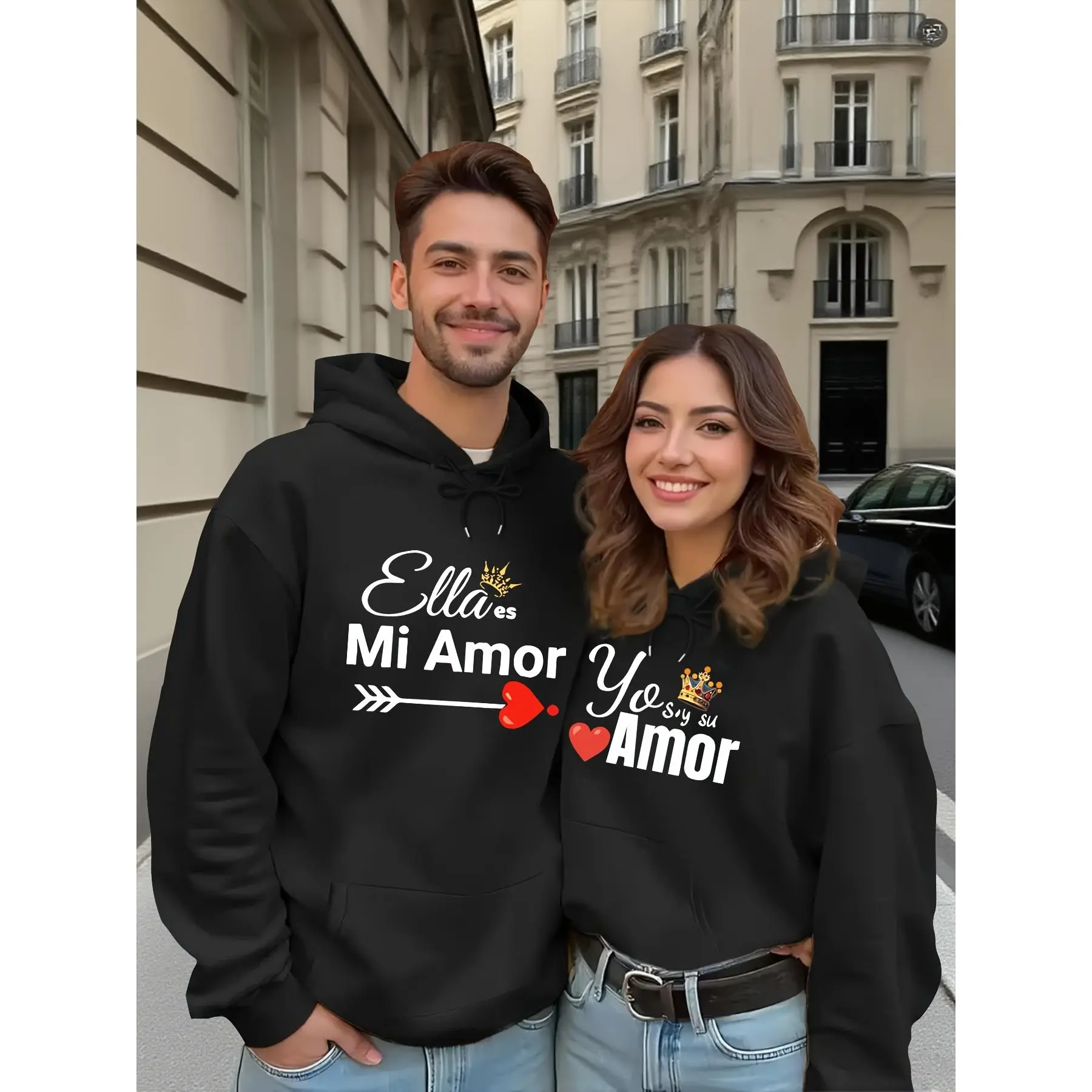 2pcs Couple's -Lined Hooded Sweatshirt with Valentine's Day Print, Adjustable Drawstring Hood, Kangaroo Pocket, Unisex Casual Daily Wear for All Seasons, Versatile Commuter Hoodie Gift