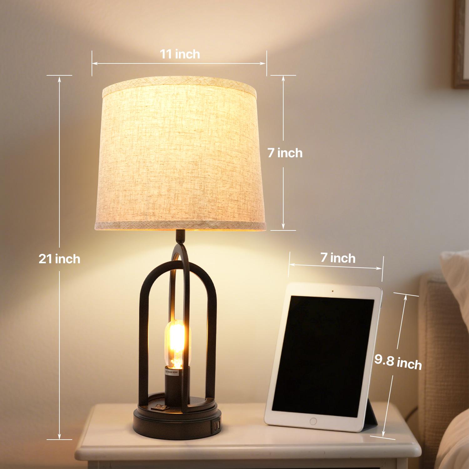 GALENTAL Bedside Lamps For Bedroom, Table Lamps Set Of 2 with USB Ports, Side Table Lamp For Living Room, Nightstand Lamp Lamp With Button Control, Rustic Fabric Shade, Unique Base Design for Bedroom, Living Room, Reading, Desk