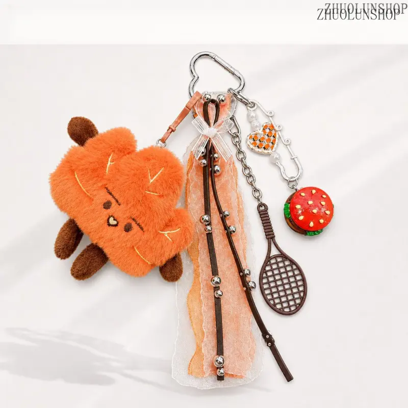 Warm Orange Plush Maple Leaf Keychain, Retro Sporty Style Bag Charm for Daily Casual & Outing