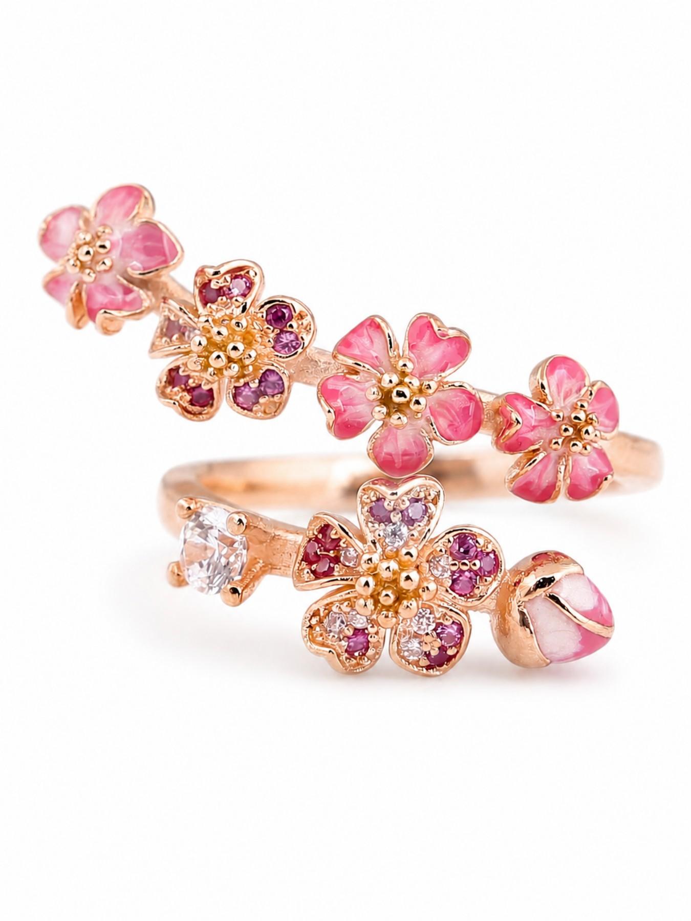 Floral Adjustable Ring for Women, Pink Flower Fashion Ring, Bohemian Fashion Ring, Copper Tone Delicate Blossom Jewelry, Feminine Daily Wear Ring, Elegant Fashion Rings