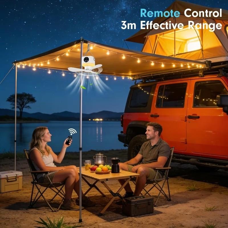 Camping Ceiling Fan, Usb Portable Fan, 3-Speed Ambient Light, 4-Speed Timer, 4-Speed Wind Speed Adjustment, Remote Control, USB Charging, Long Battery Life, Suitable for Camping, Home, Bedroom And Other Places
