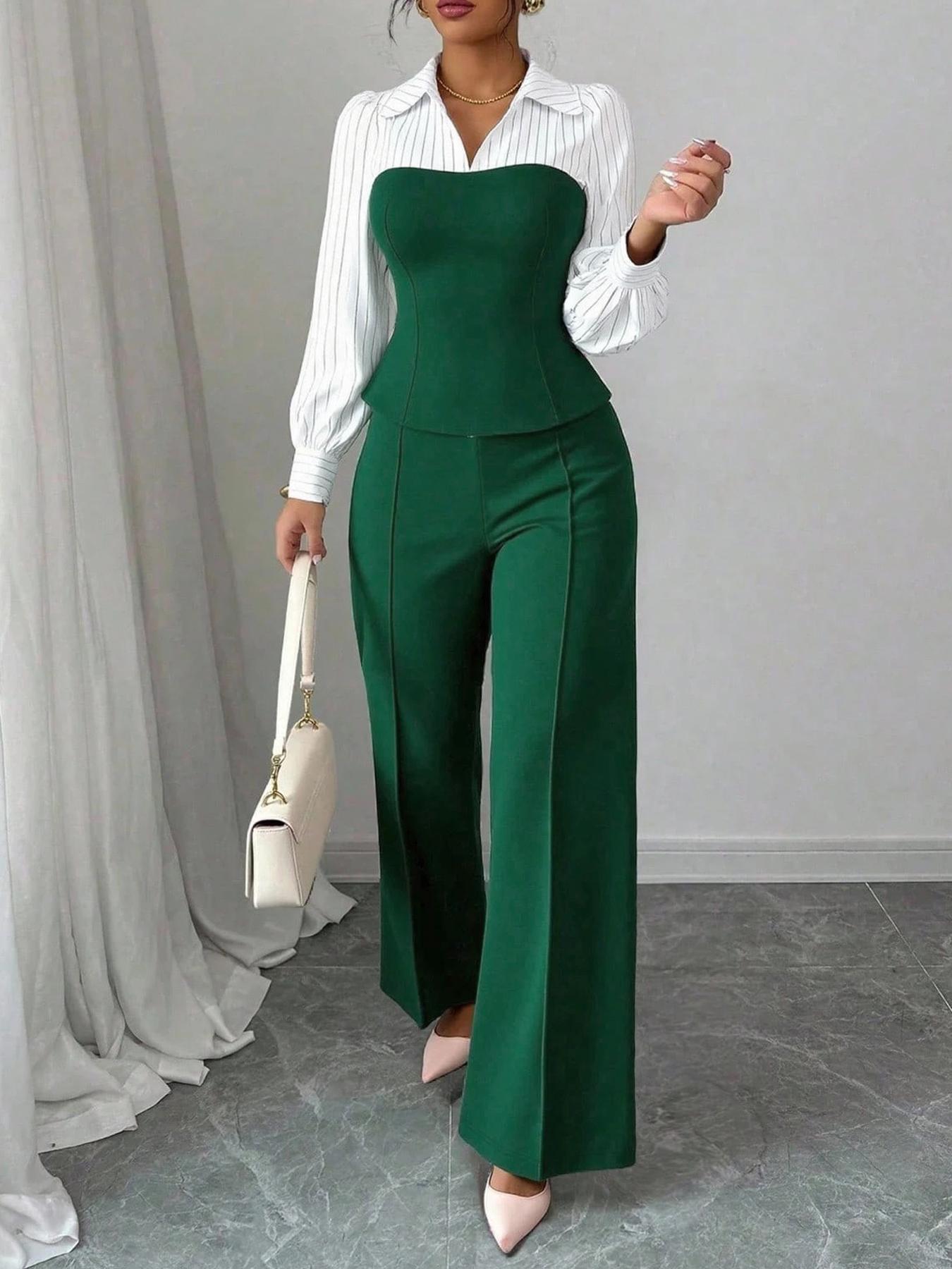 Women's Long Sleeve Colorblock Patchwork Shirt Set, Slimming Waist Design, Straight Leg Pants, Casual Fashion, 2 Piece Set