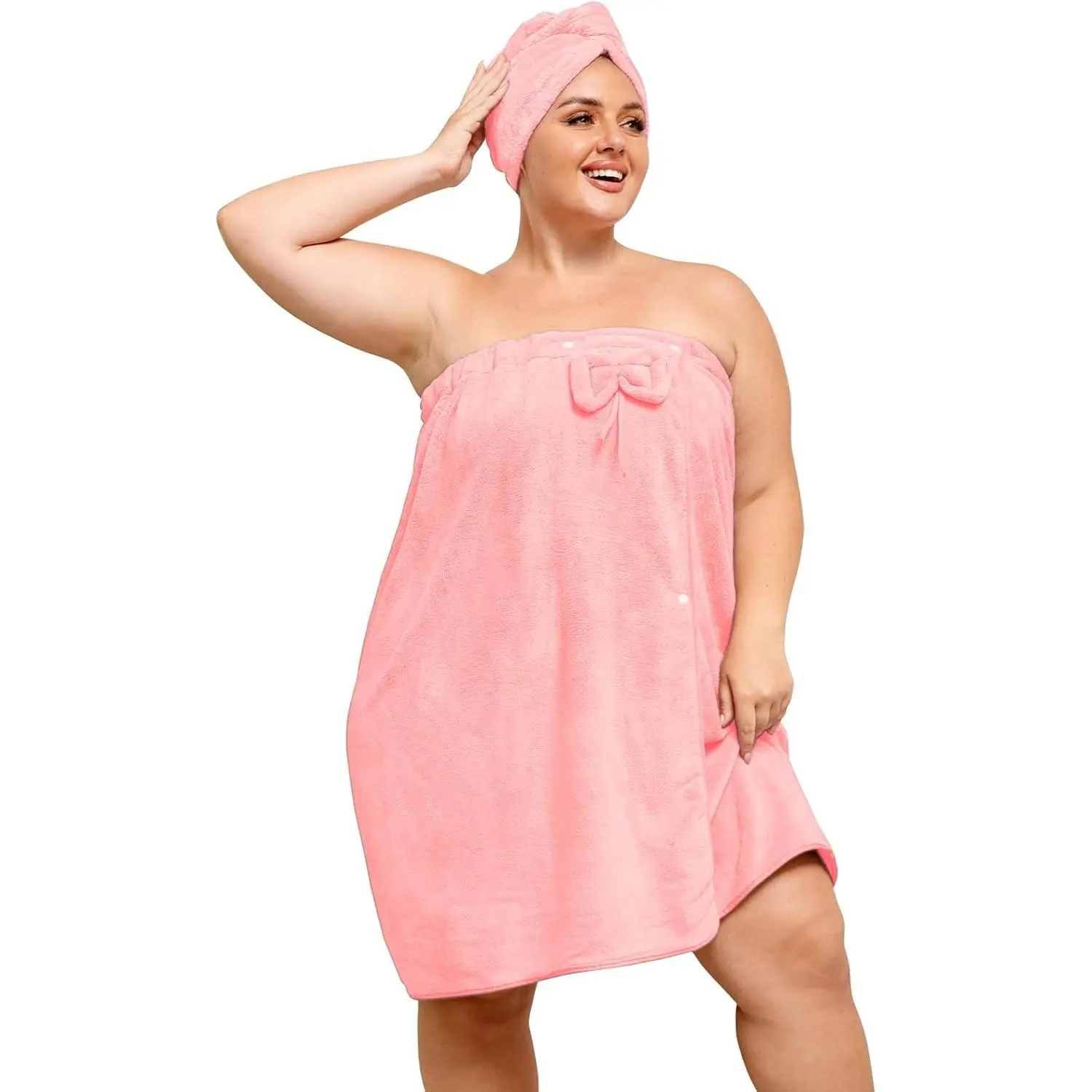 Plus Size Towel Wrap with Hair Drying Towel (M-4XL), Adjustable Soft Spa Bathrobe Shower Wrap for Women, Comfortable Absorbent Body Bath Towel 2Pcs Set