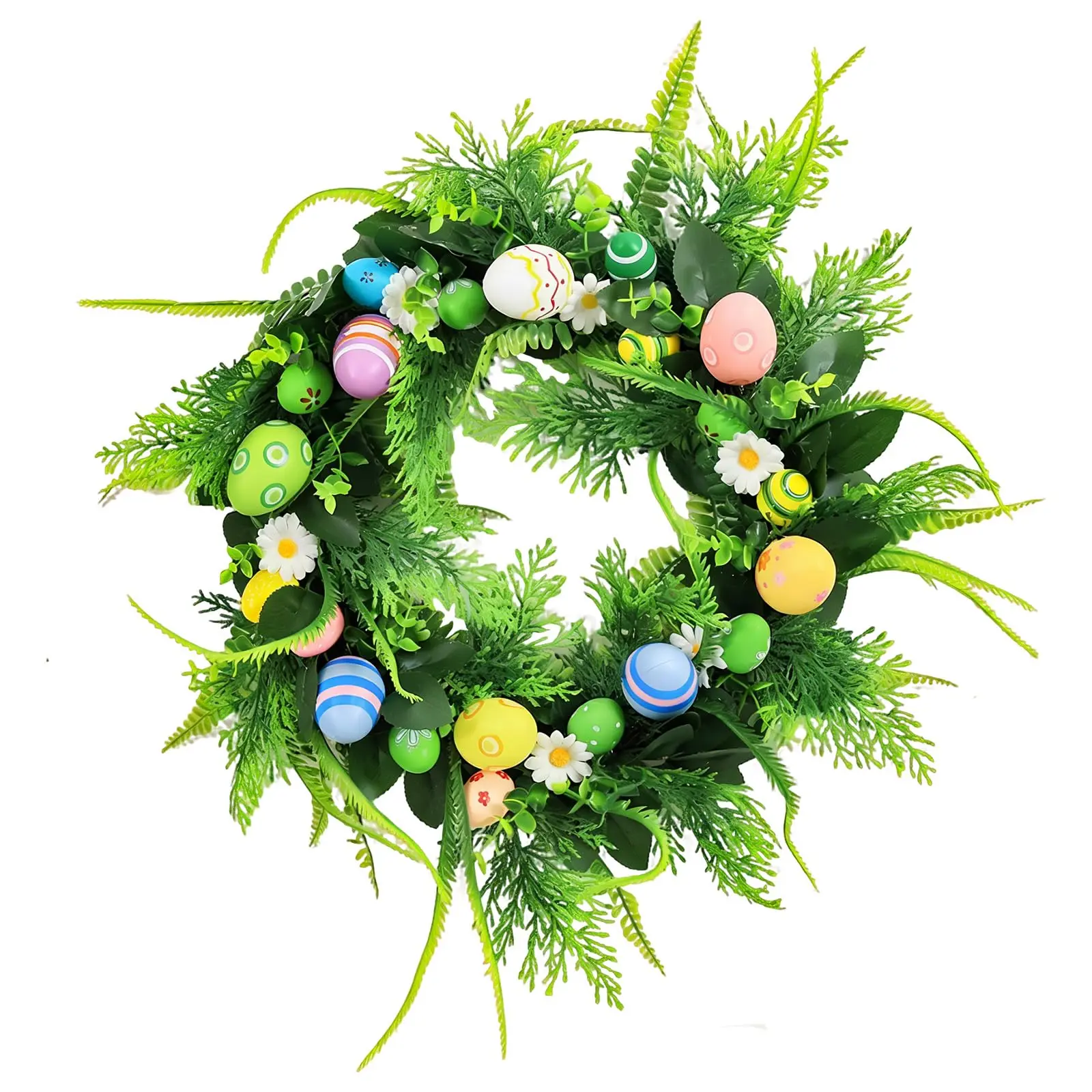 18 Inch Easter Wreath featuring artificial eggs, flowers, and green leaves; perfect spring floral decoration for front doors, suitable for indoor and outdoor home decor, measuring 45cm