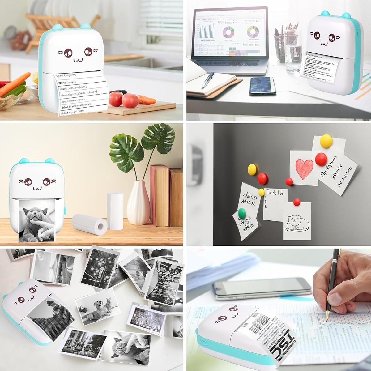 Wireless Mini Printer, Thermal Inkless Sticker Maker, Includes 6 Rolls of Paper, Ideal for Notes, Photos, Lists, School, Office, Home DIY Gifts