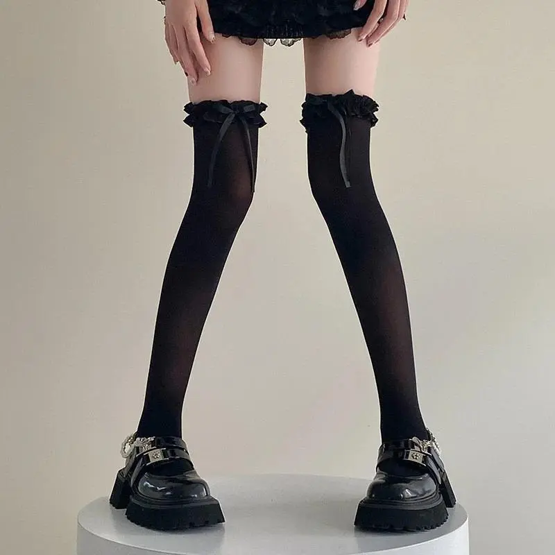 Sweet Kawaii Cute Lolita JK White Thin Sheer Nylon Ruffle Edge Lace Over Knee Stockings Bowknot Daily Wear For Women Girls