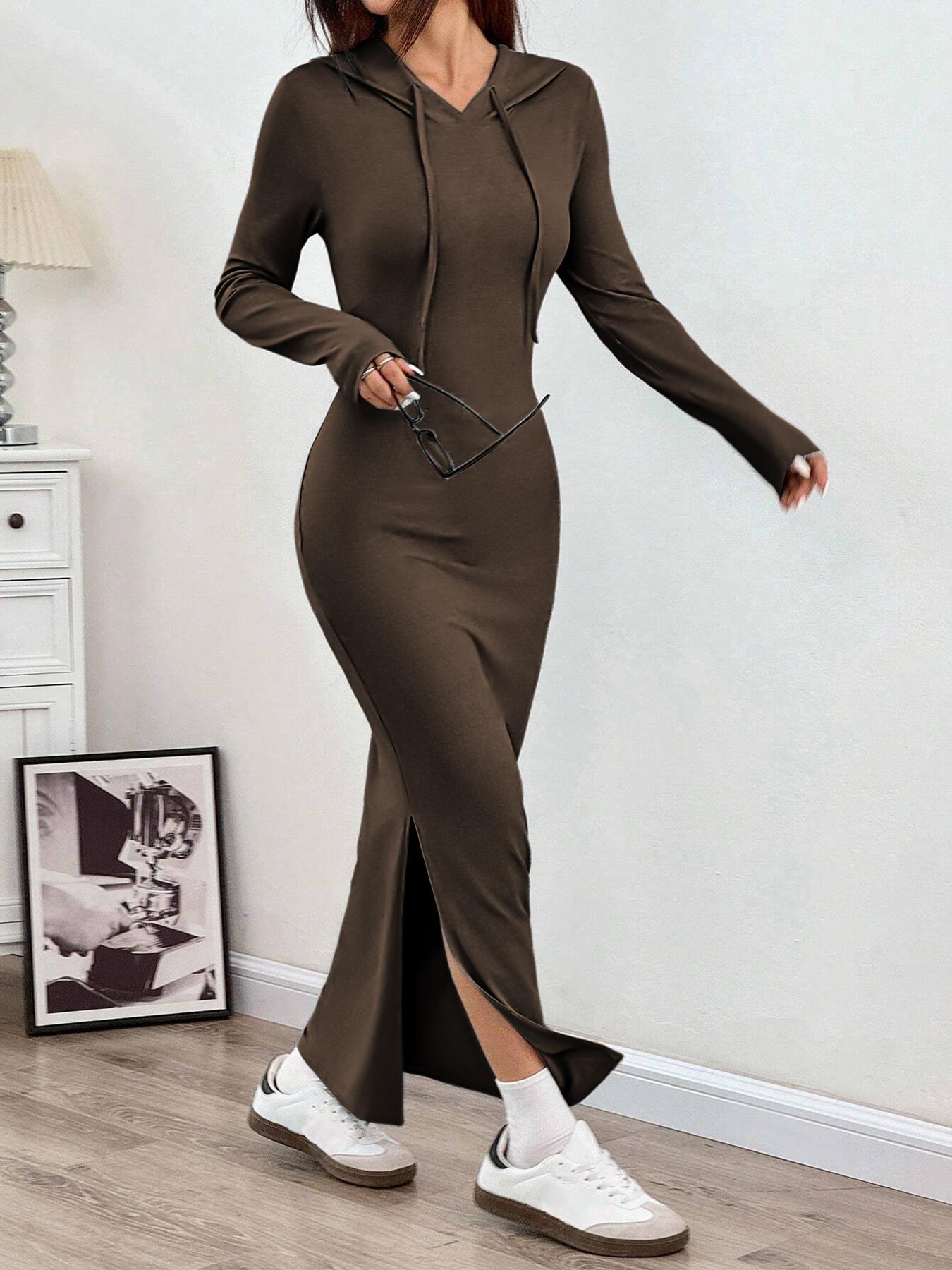 Women's Hooded Slim-Fit Long-Sleeve Knit Dress with Drawstring, Ladies' Casual Fall and Winter Fashion Dress for Daily Wear