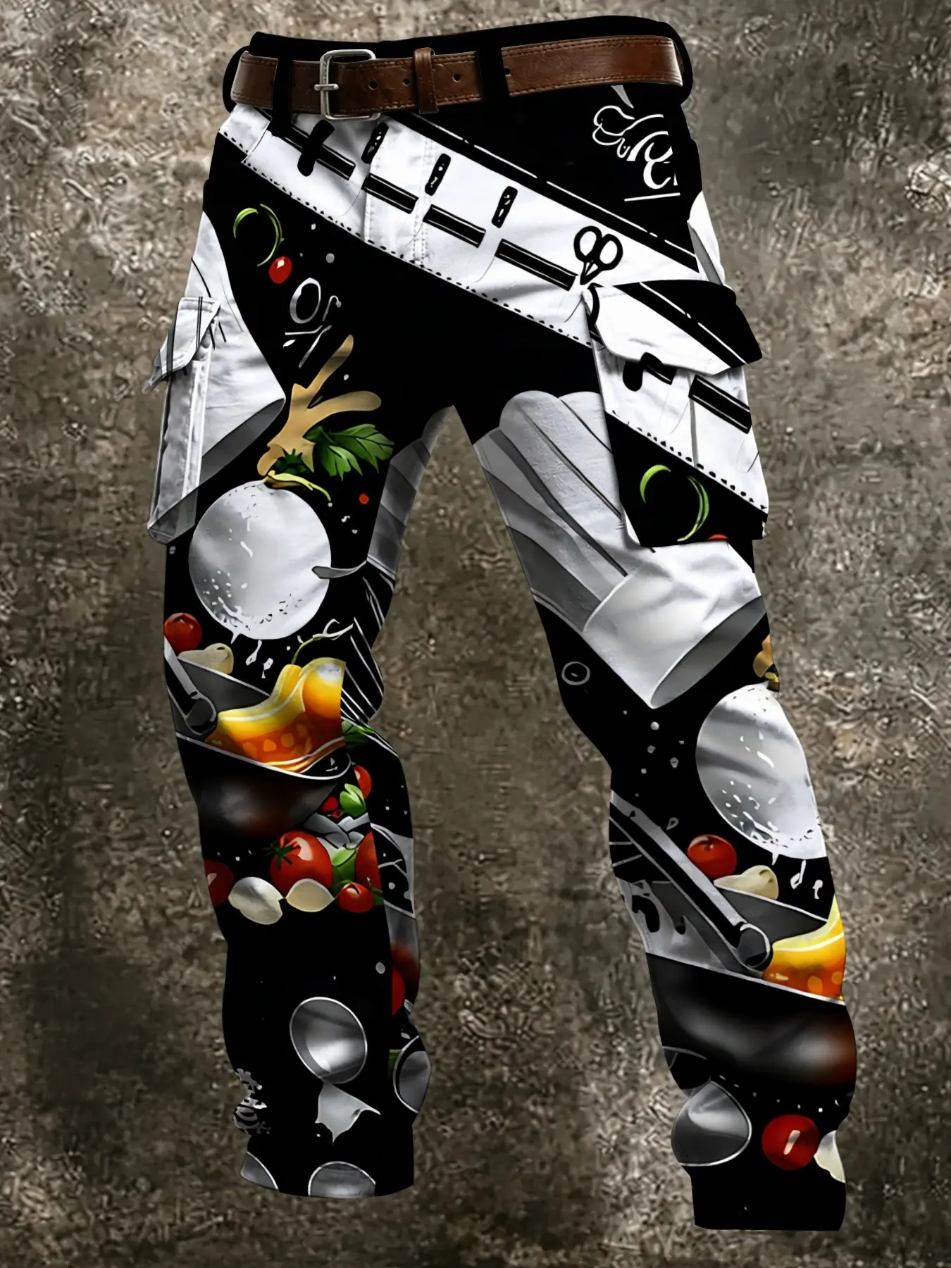 Men's chef-themed work pants! Black and white chef hat and kitchenware, colorful vegetable and fruit prints, fun contrasting style, large side pockets, trendy and eye-catching men's work pants, All season pants
