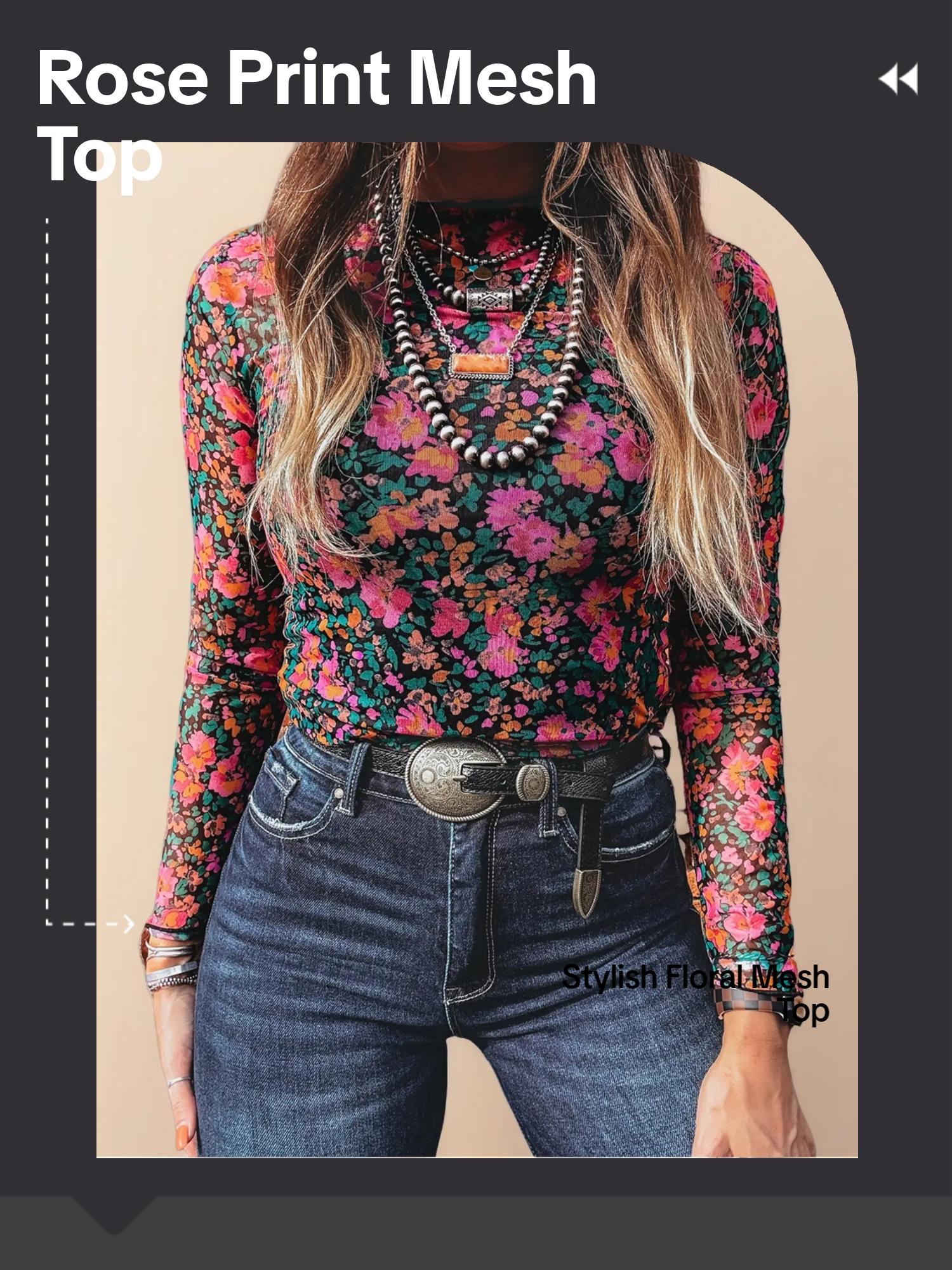 Spring & Fall Women's Rose Print Mesh Long Sleeve Stand Collar Fitted Top, Stylish and Comfortable Casual Wear, Perfect for Daily Use