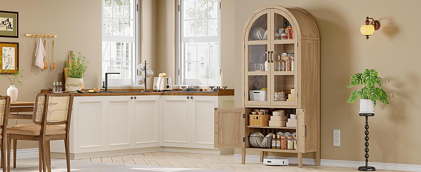 【SPOTLIGHT DAY】ONBRILL 71" Tall Arched Cabinet, 5-Tier Arched Kitchen Pantry with Glass Doors & Shelves, Modern Display Arch Cabinet with Adjustable Feet, Wooden Pantry for Living Room, Dining Room