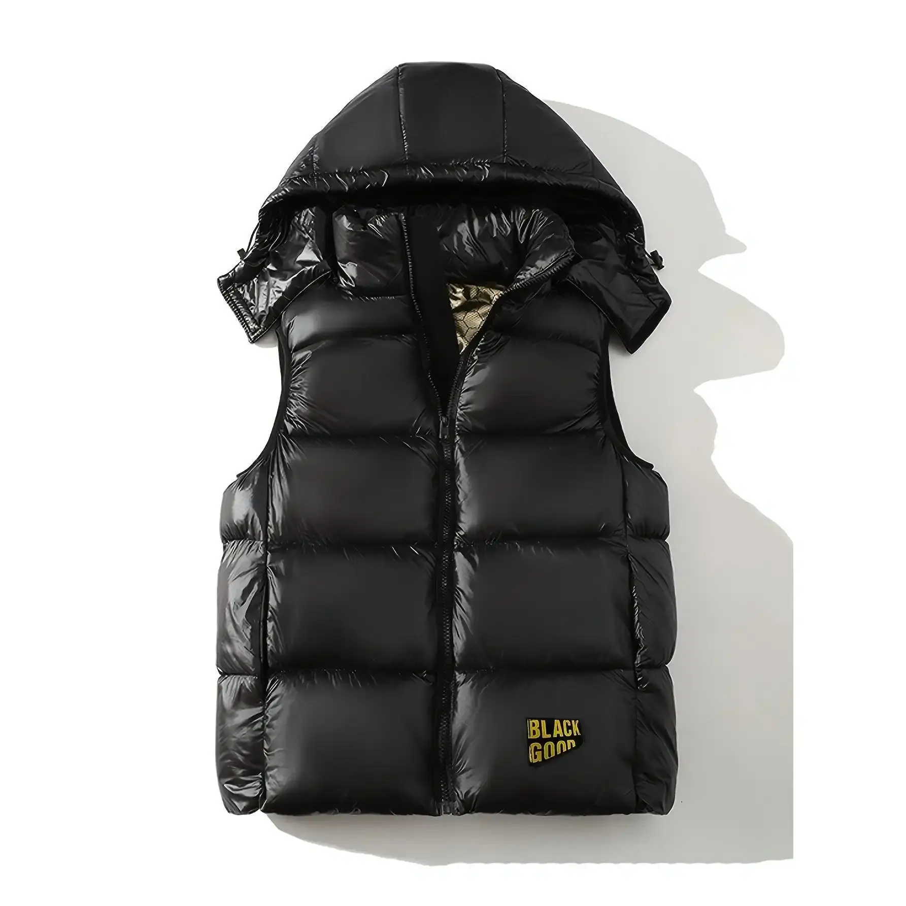[100% Polyester Puffer Jacket Vest] Black Golden Hooded Vest - Sleeveless, Zip-Up Puffer Jacket with Stand Collar