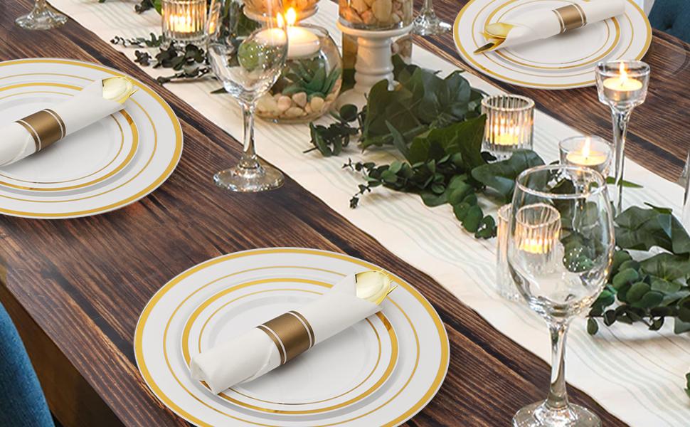 GOODLUCK Thick Plastic Dinnerware Set (350PCS for 50 Guests) - Disposable Plates, Plastic Cups, Disposable Spoons, Napkins, Reusable Option for Weddings, Baby Showers, Christmas, Business Events