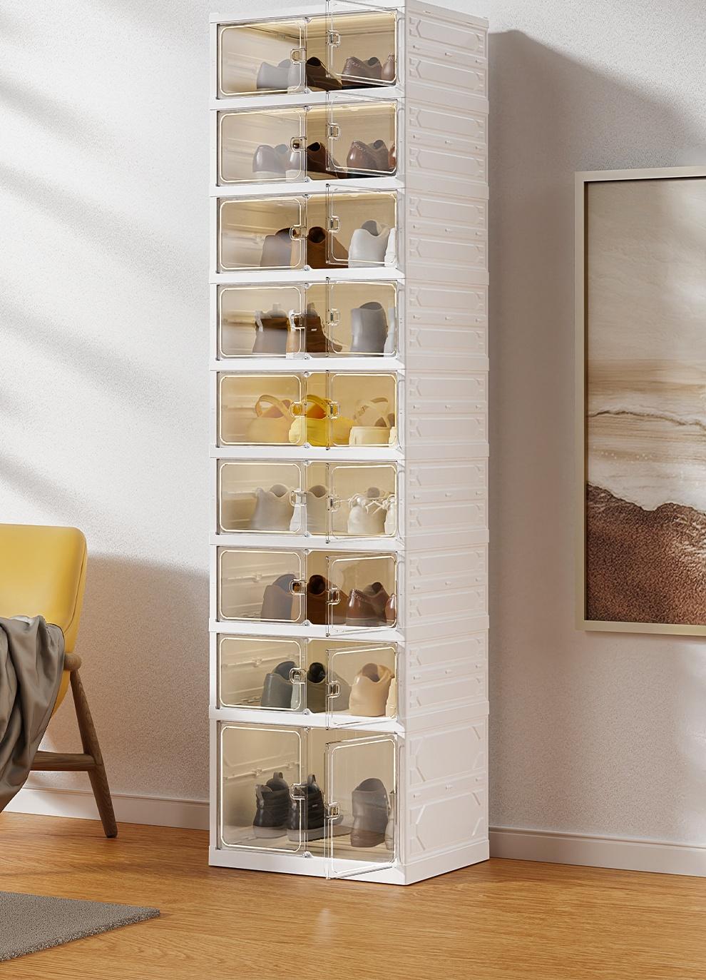 UFORU folding shoe rack, magnetic transparent door shoe cabinet, 9 layers, can store 18 pairs of shoes, simple design, large capacity, sturdy and stackable plastic shoe cabinet, space-saving, no installation required, convenient and practical.