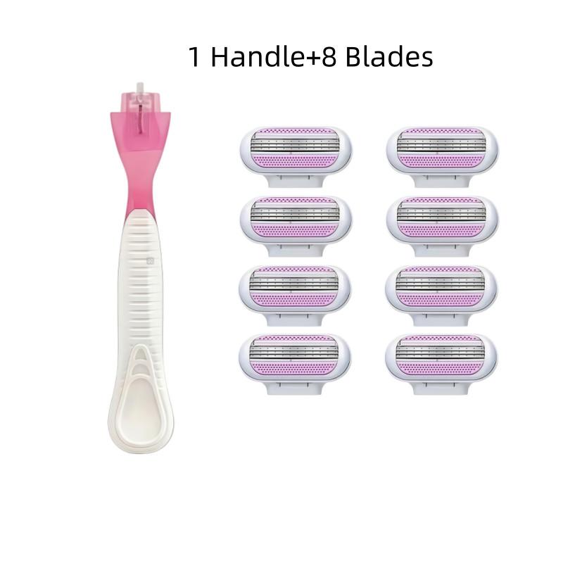 Unisex Manual Razor Set, 9 Pieces Including Handle & 8 Replacement Heads, Stainless Steel Blades, Safe Replaceable Shaving Heads