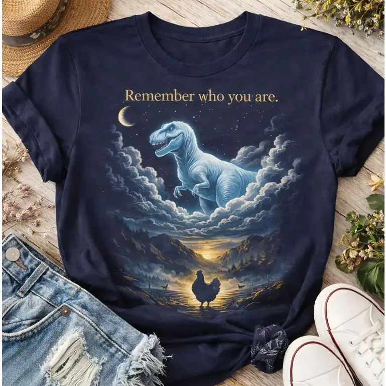 Women's Comfortable Breathable Casual Outdoor Short-Sleeve Oversized Cotton T-Shirt - Remember Who You Are Dinosaur Chicken Starry Night Graphic, Cute Fashion Outfit, Valentine Gift for Lover, Shortsleeve, Print, Round Neck, Tops