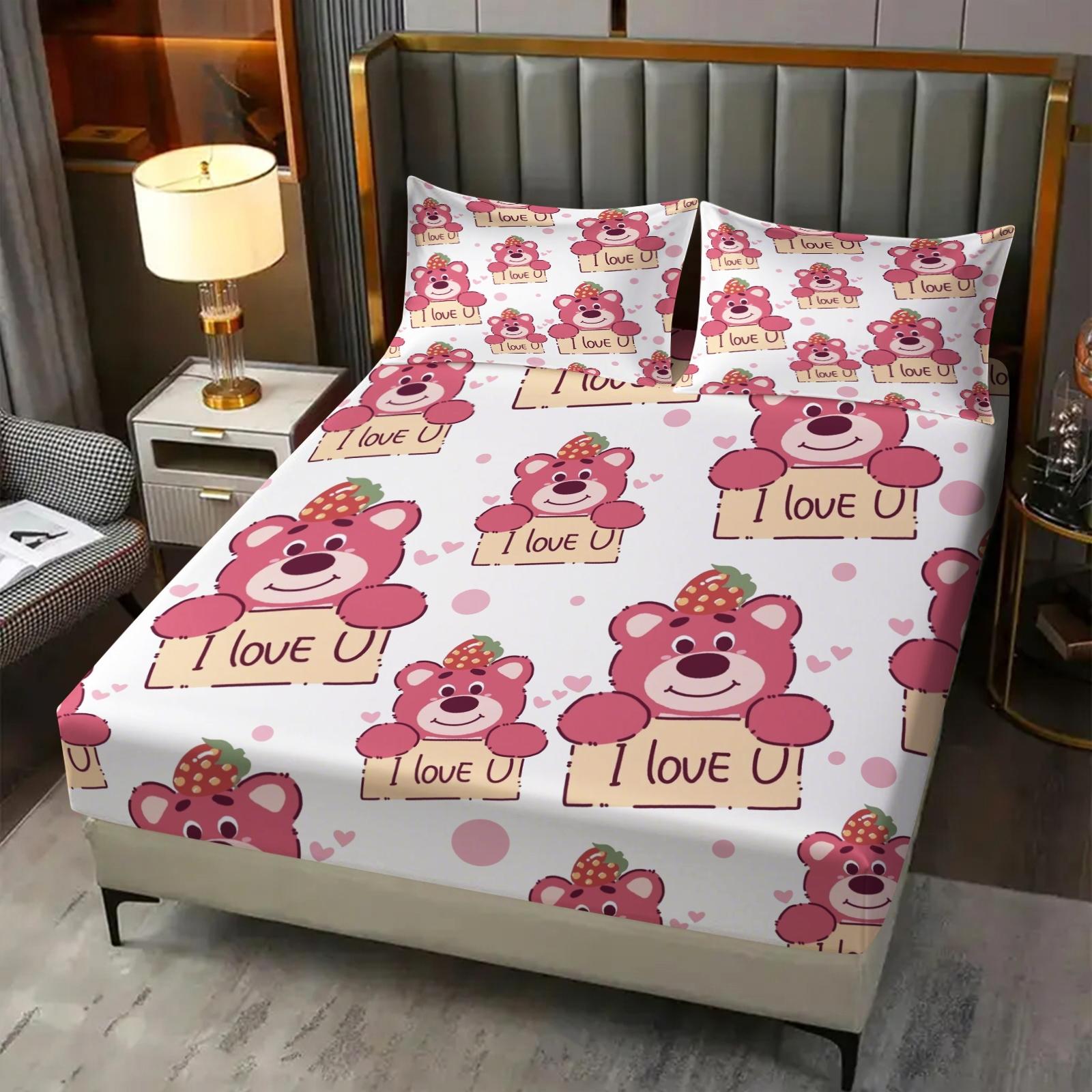 3 Pcs Cute Cartoon Bear Fitted Sheet Set, Kawaii Teddy Bear Microfiber Deep Pocket Kids Bedding, Ideal Gift for Bear Lovers and Children